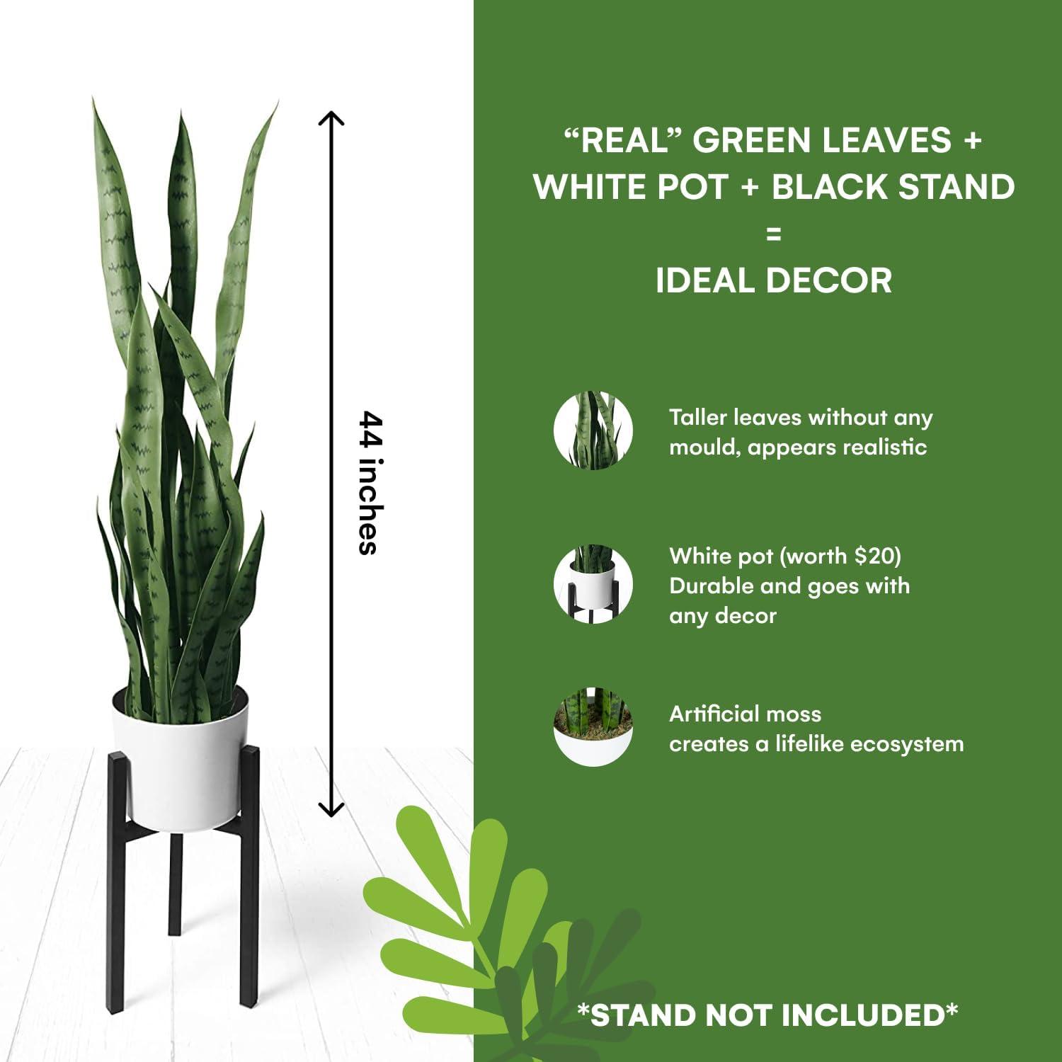 Artificial Fake Snake Plants - Faux Indoor Plant - Modern Decor Artificial House Plant - Large Faux Sansevieria Plant with 28 Tall Leaves - Includes White Pot and Tripod - Green - 36in