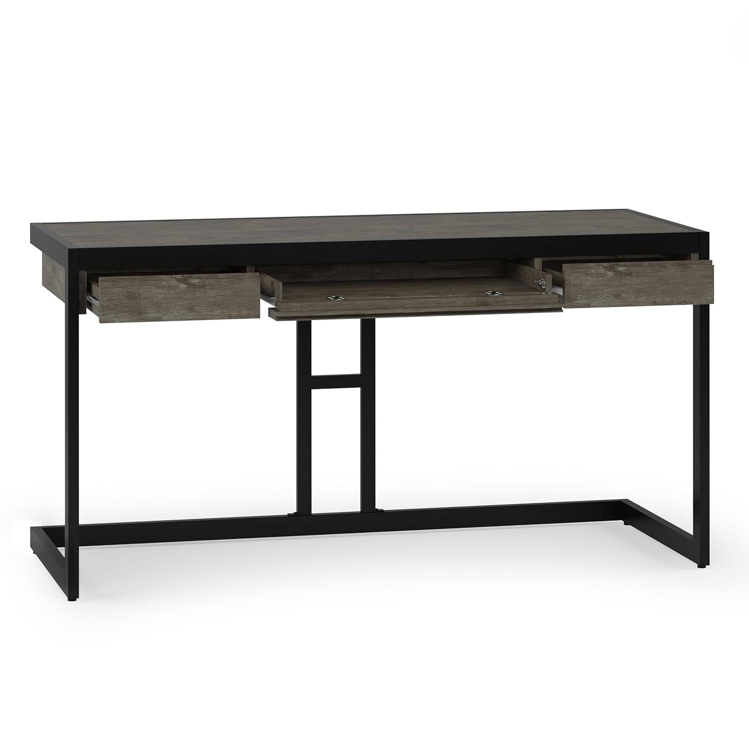 Simpli Home Erina Solid Acacia Wood Desk, Industrial Style with Keyboard Tray and 2 Drawers