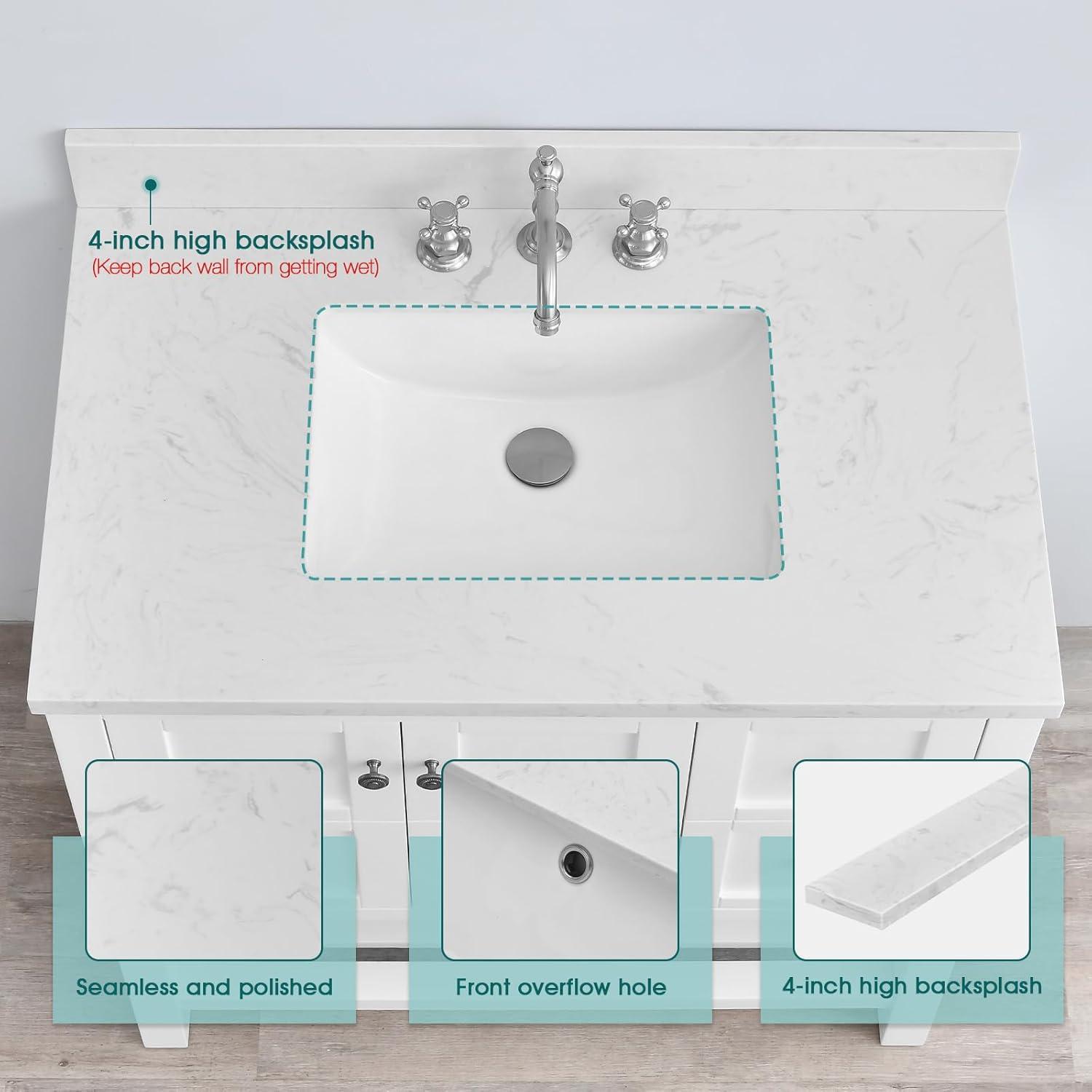 36" White Engineered Stone Vanity Top with Rectangular Sink