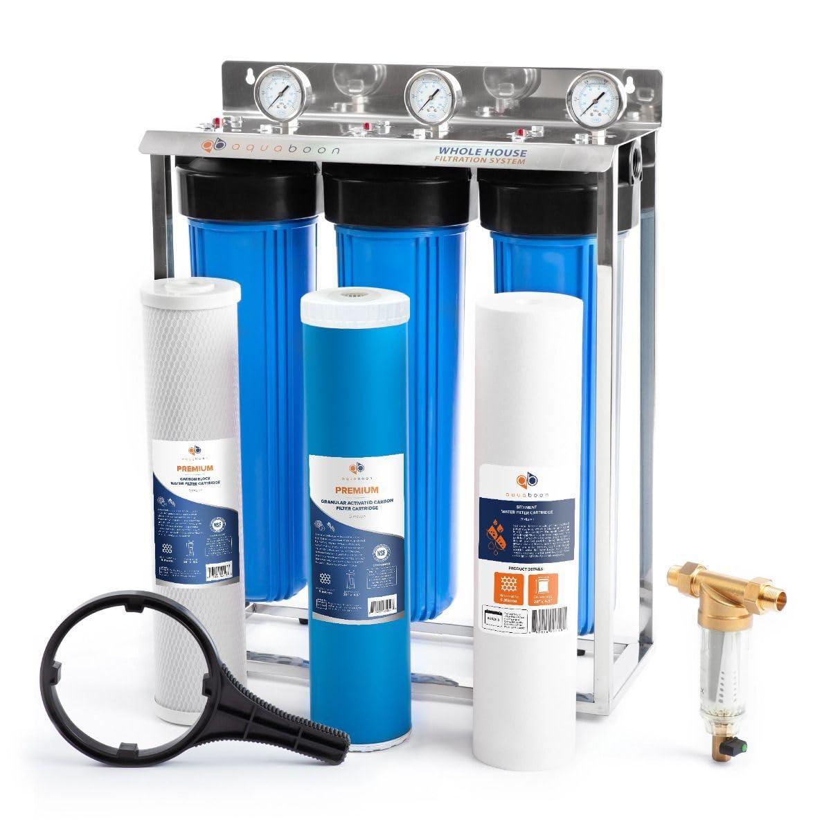 Aquaboon 3-Stage 20" Whole House Big Housings Blue Color Filtration System, Freestanding Steal Frame, Pressure Gauges, GAC Filter, Carbon Block, Sediment Filter Cartridges