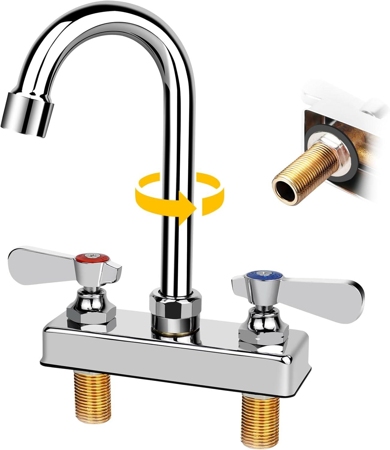 KWODE 4 Inch Center Commercial Hand Sink Faucet with 3-1/2”Gooseneck Spout, Dual Lever Handle Wall Mount Kitchen Sink Faucet, Brass Constructed, Chrome
