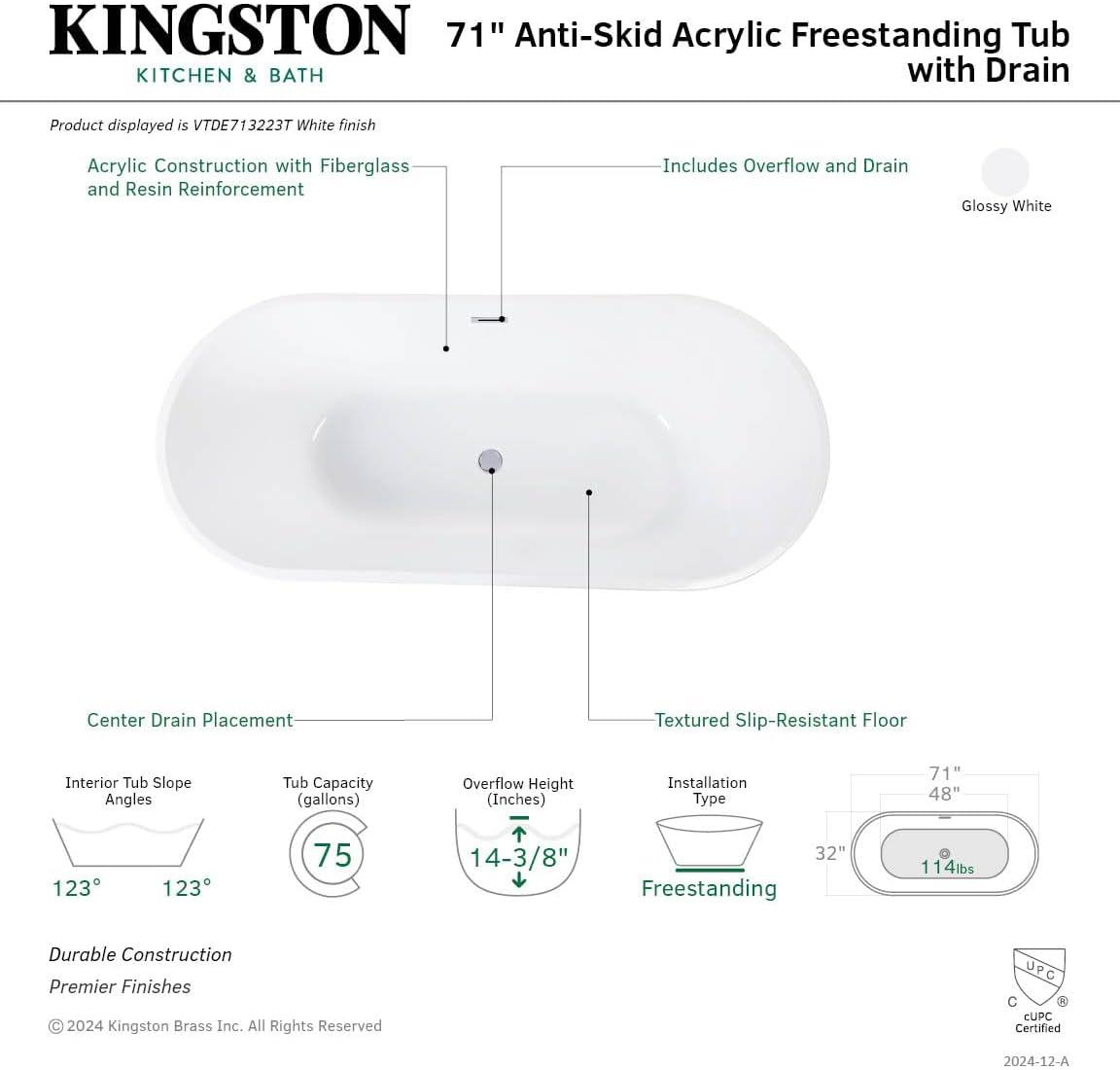 Kingston Brass Aqua Eden 71-Inch Acrylic Oval Double Ended Freestanding Tub with Drain