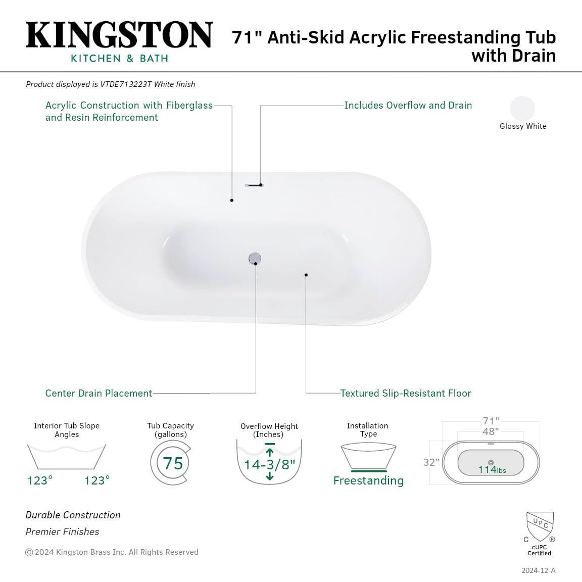 Kingston Brass Aqua Eden 71-Inch Acrylic Oval Double Ended Freestanding Tub with Drain