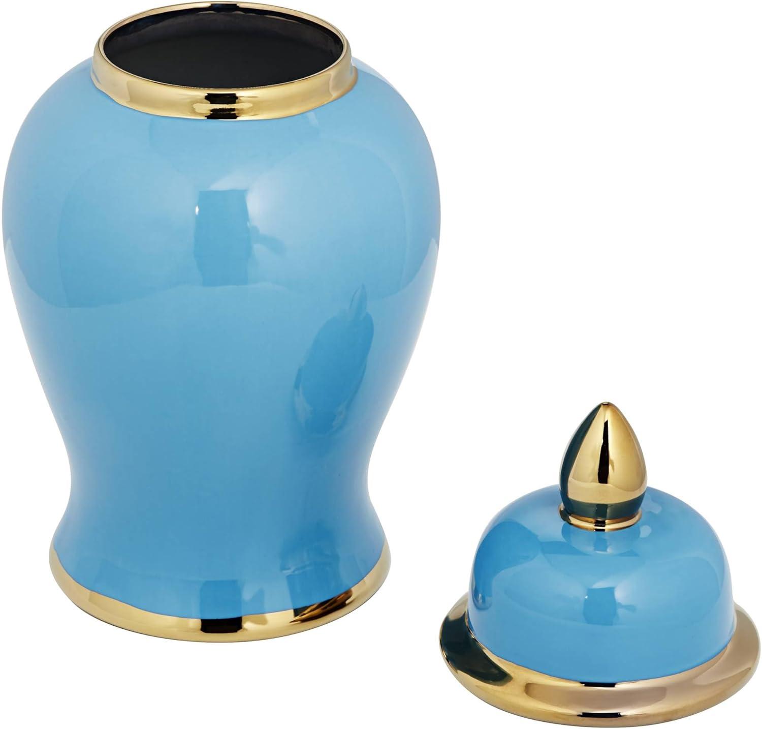 Shiny Turquoise and Gold Porcelain Ginger Jar with Lid