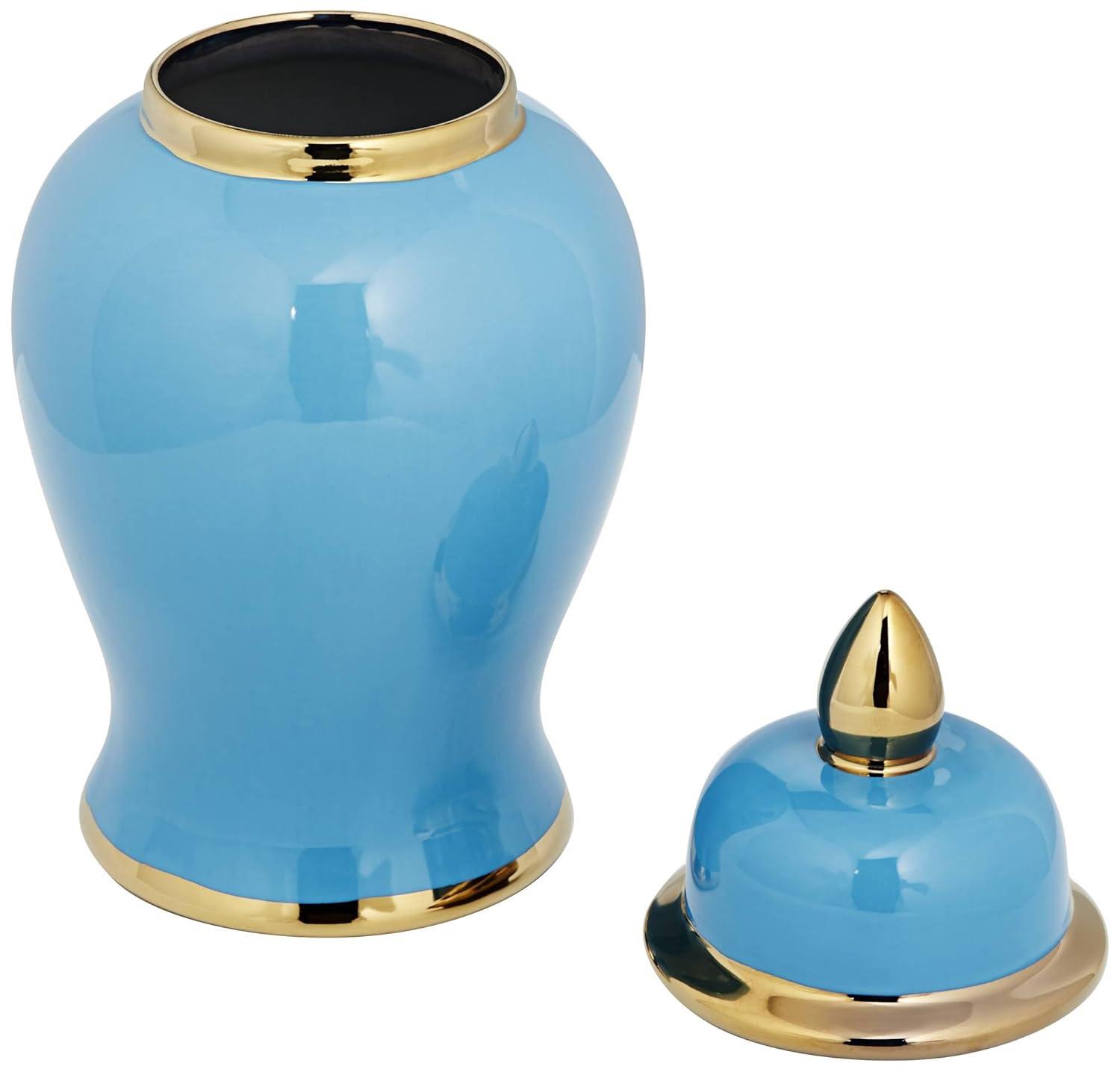 Shiny Turquoise and Gold Porcelain Ginger Jar with Lid