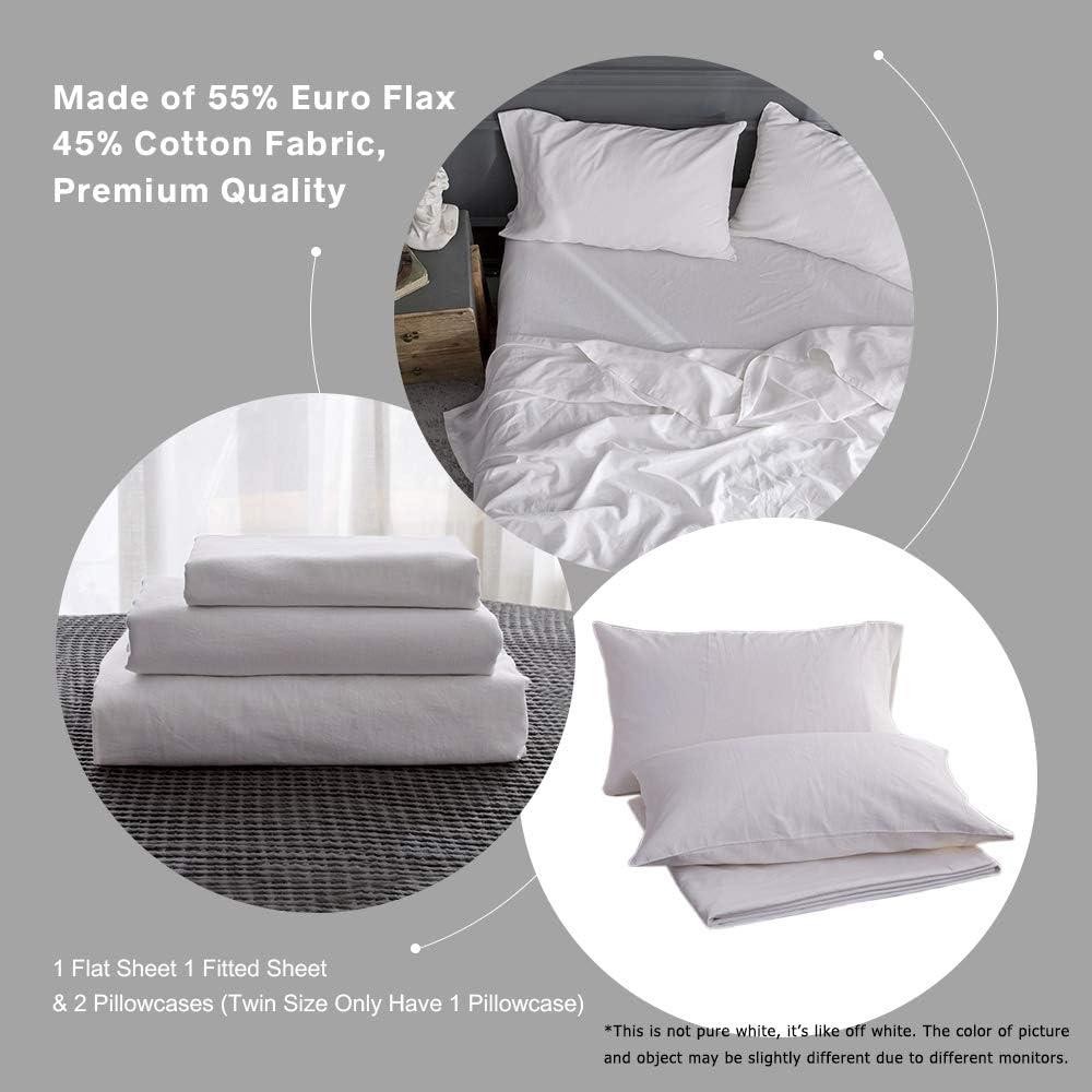 Simple&Opulence Belgian Linen Sheet Set Solid Color - 4 Pieces (1 Flat Sheet, 1 Fitted Sheet & 2 Pillowcases) Natural Flax Cotton Blend Soft Breathable Farmhouse Bedding - Full Size, White