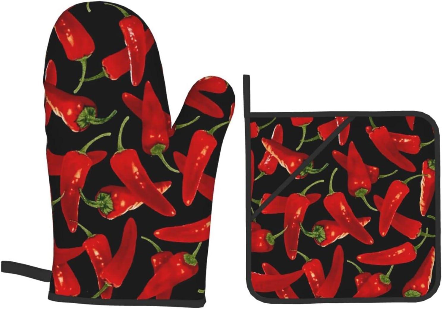 Chili Peppers Chili Oven Mitts and Pot Holders Sets of 4 Resistant Hot Pads with Non-Slip BBQ Gloves for Kitchen Cooking Baking