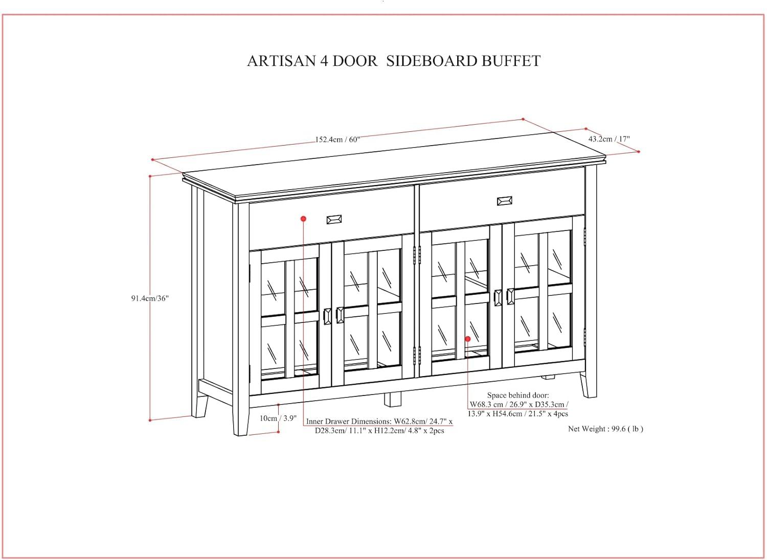 Artisan SOLID WOOD 60" WD Transitional 4Door Sideboard Buffet in Chestnut Brown