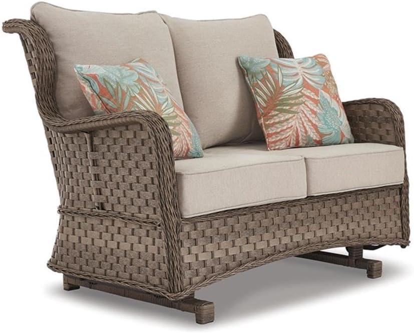 Beige Wicker and Plastic Outdoor Glider Loveseat with Cushions