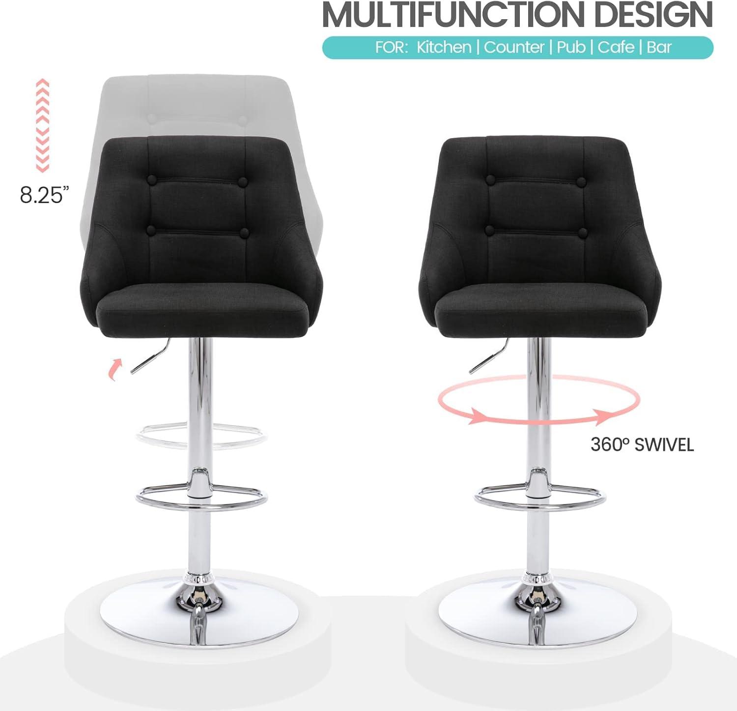 Brage Living Swivel Bar Stool with Back, Adjustable Fabric Tufted Barstool, Upholstered Counter Height Airlift Bar Chair for Kitchen Dining Cafe (Black)