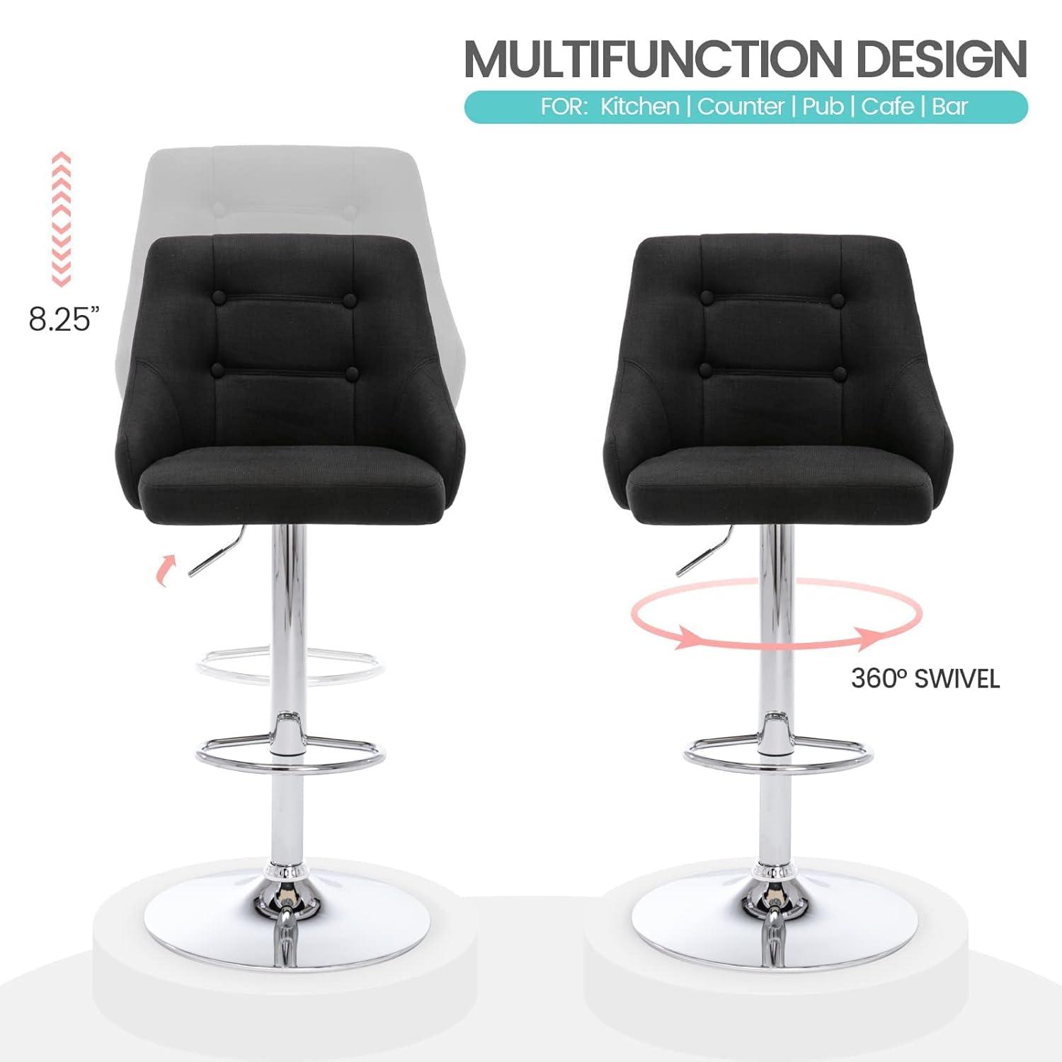 Brage Living Swivel Bar Stool with Back, Adjustable Fabric Tufted Barstool, Upholstered Counter Height Airlift Bar Chair for Kitchen Dining Cafe (Black)