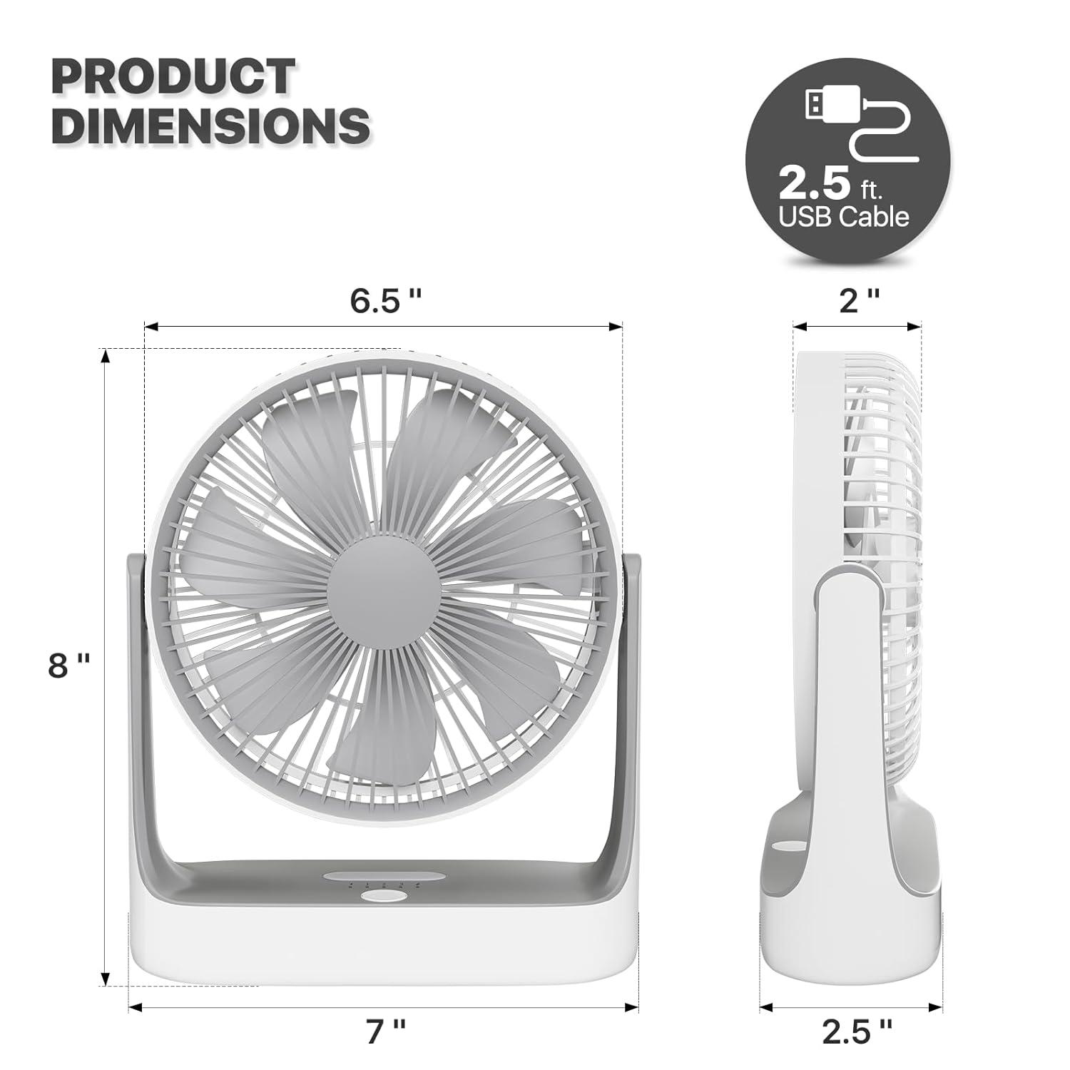 mollie USB Rechargeable Desktop Fan, Wall Mounted Hanging Fan with LED Light and Hook, Speed Adjustable Air Cooler Fan For Home Bedroom, White