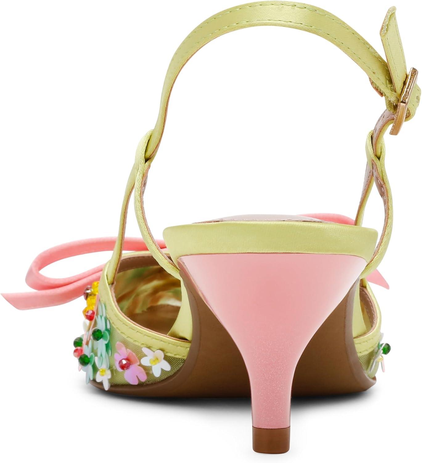 Lime Floral Sequin Mesh Slingback High Heel Pumps