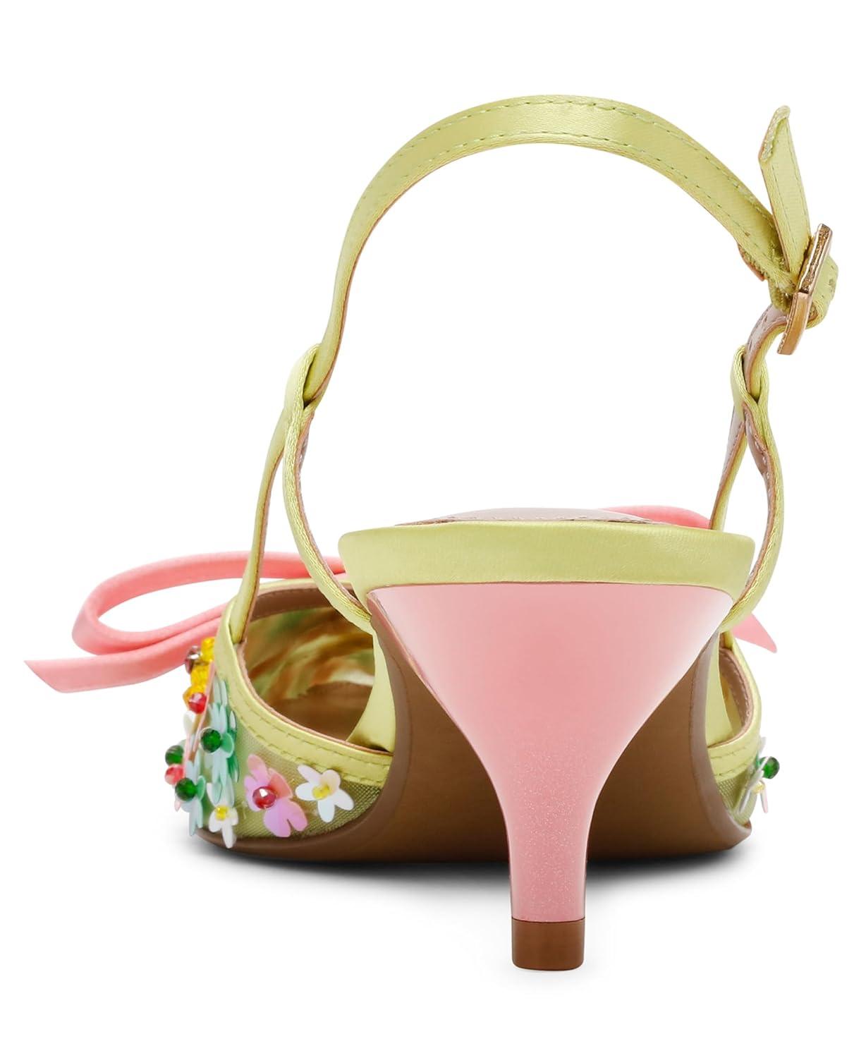 Lime Floral Sequin Mesh Slingback High Heel Pumps