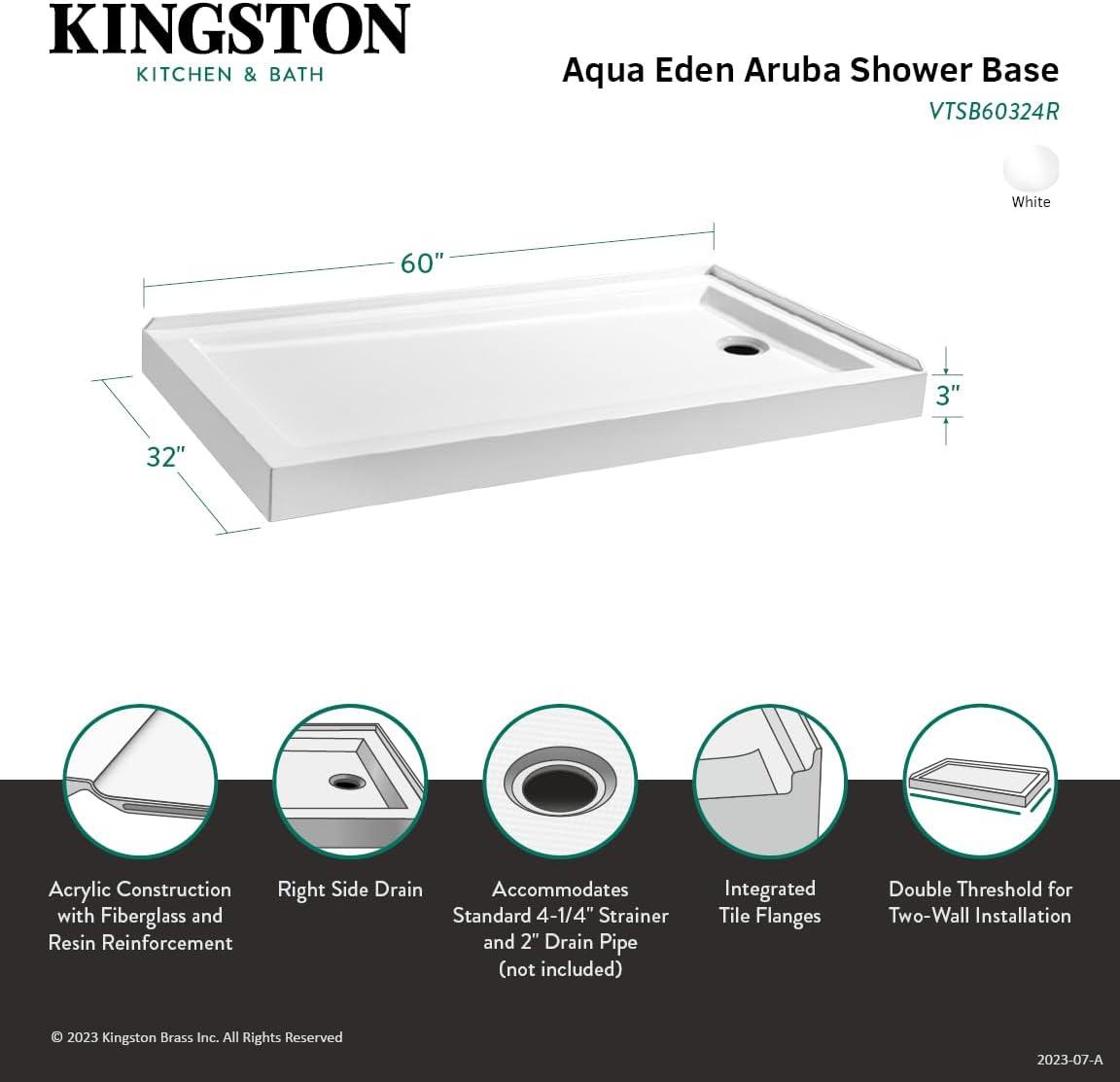 Kingston Brass Aruba 60-Inch x 32-Inch Acrylic Double Threshold Shower Base with Drain