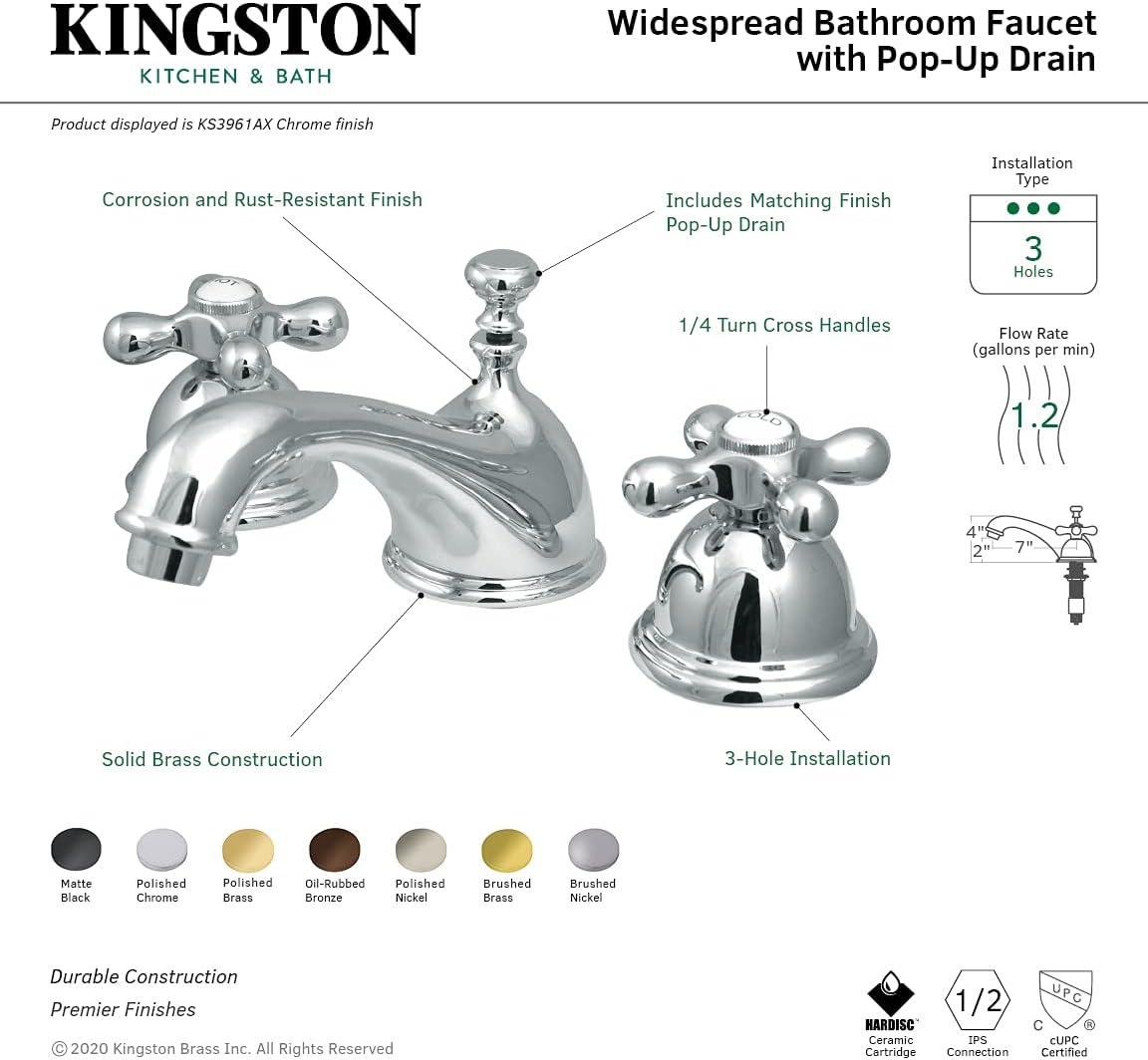 Kingston Brass Duchess Two-Handle 3-Hole Deck Mount Widespread Bathroom Faucet with Brass Pop-Up Drain