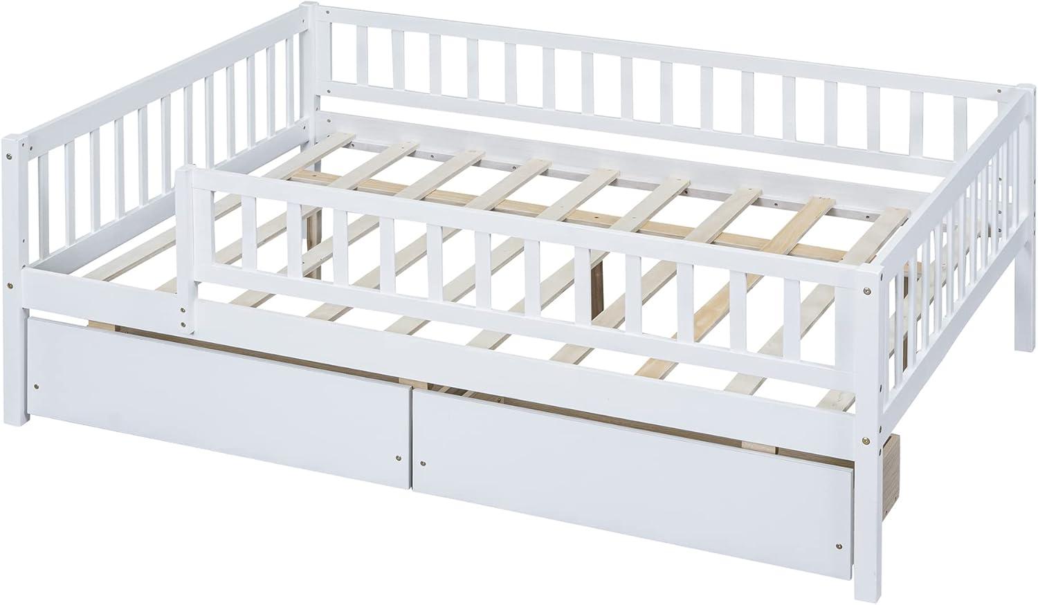 DEINPPA Full Bed with Drawers, Kids Daybed with Storage, Wooden Bed Frame with Slat for Kids Children Toddlers Boys Girls-White