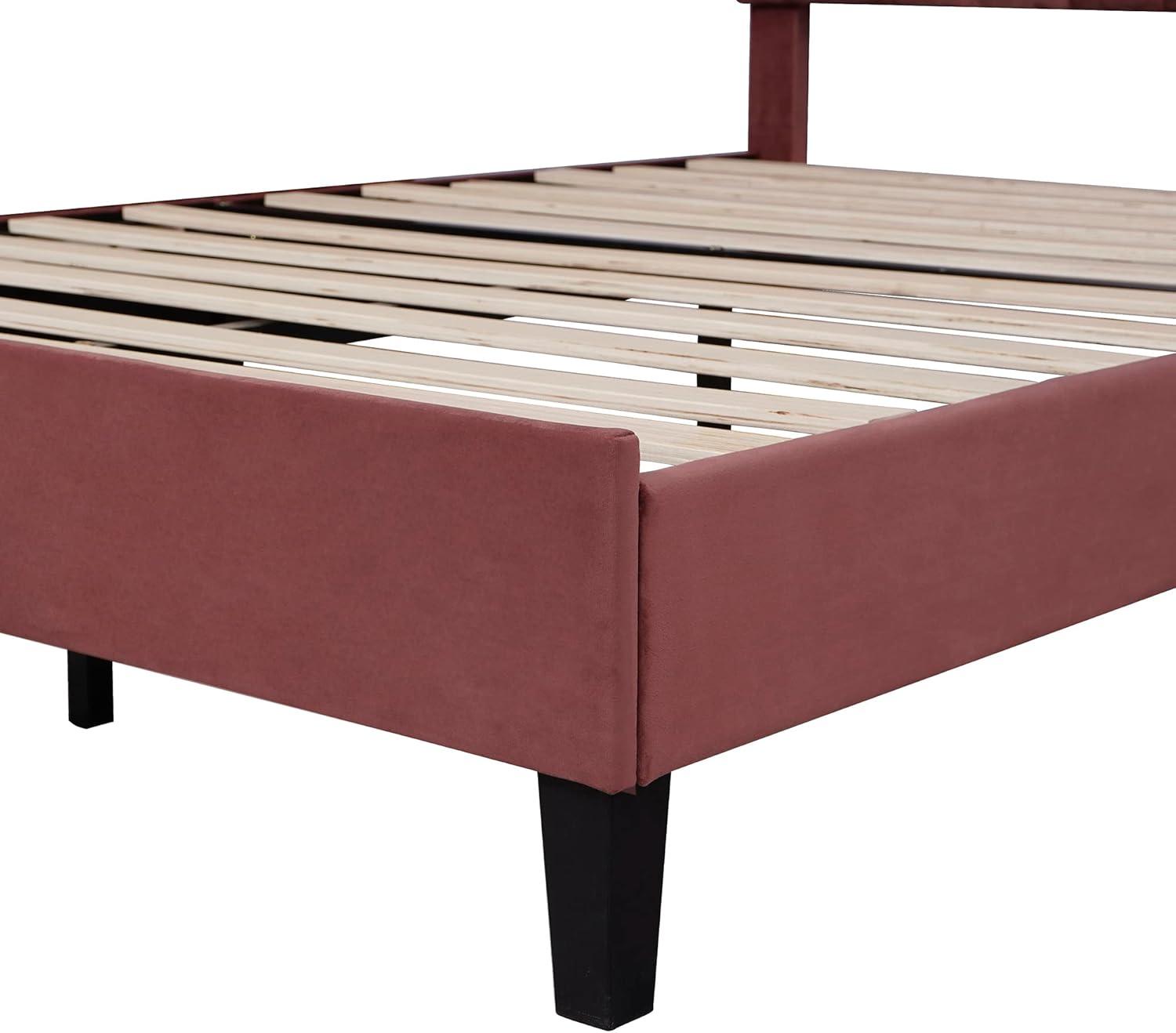 Harper & Bright Designs Full Size Upholstered Platform Bed Frame with Flower Pattern Velvet Headboard, Bean paste red