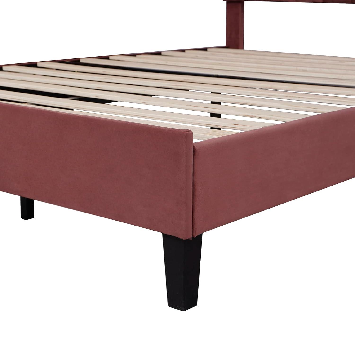 Harper & Bright Designs Full Size Upholstered Platform Bed Frame with Flower Pattern Velvet Headboard, Bean paste red