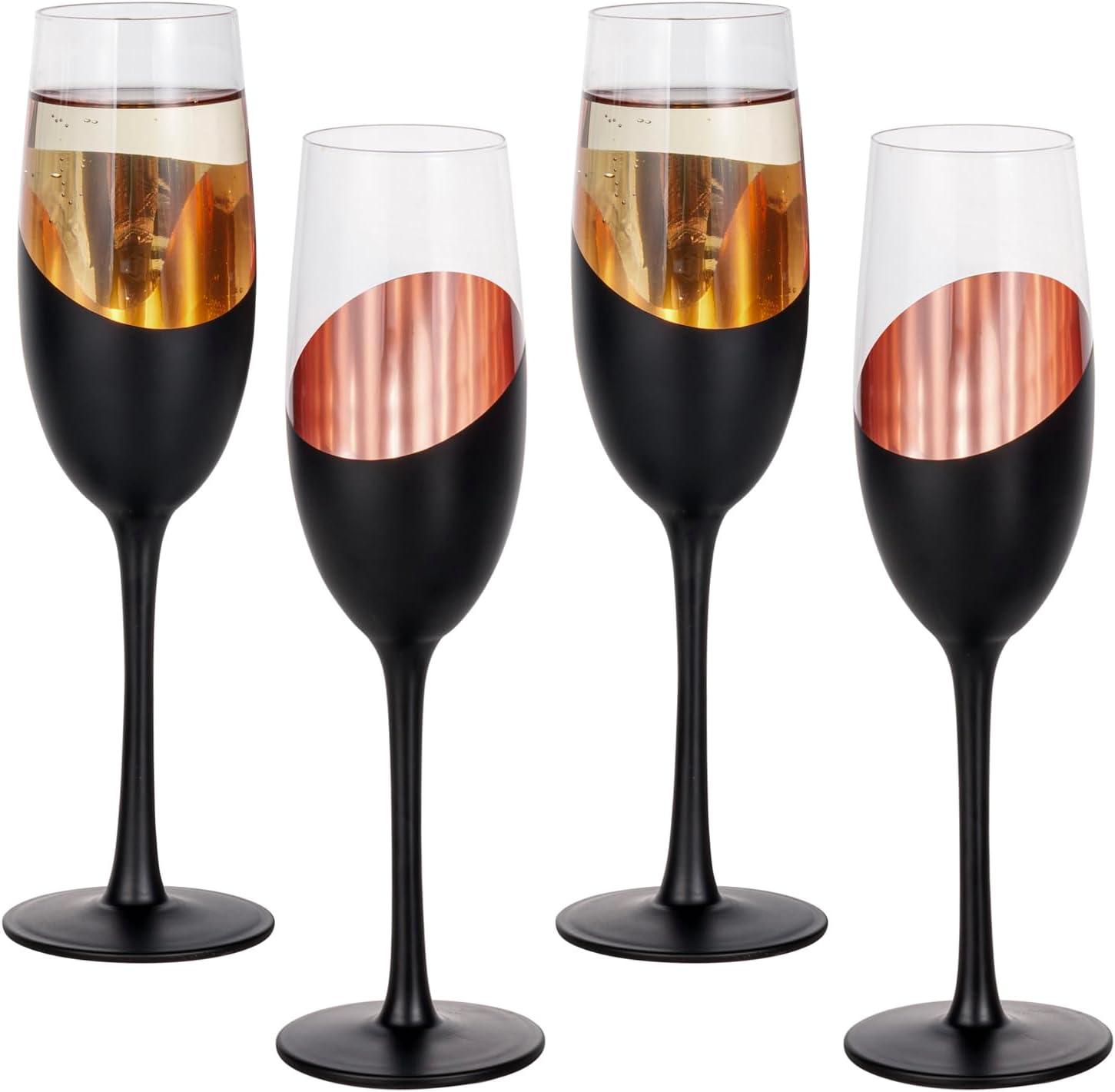 8 oz Black and Gold Stemmed Champagne Flutes, Set of 4