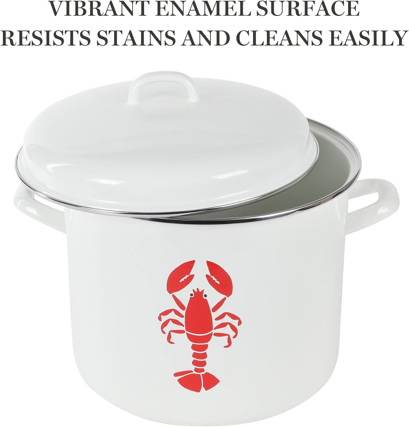 16-Quart White and Red Enamel Steel Lobster Stock Pot