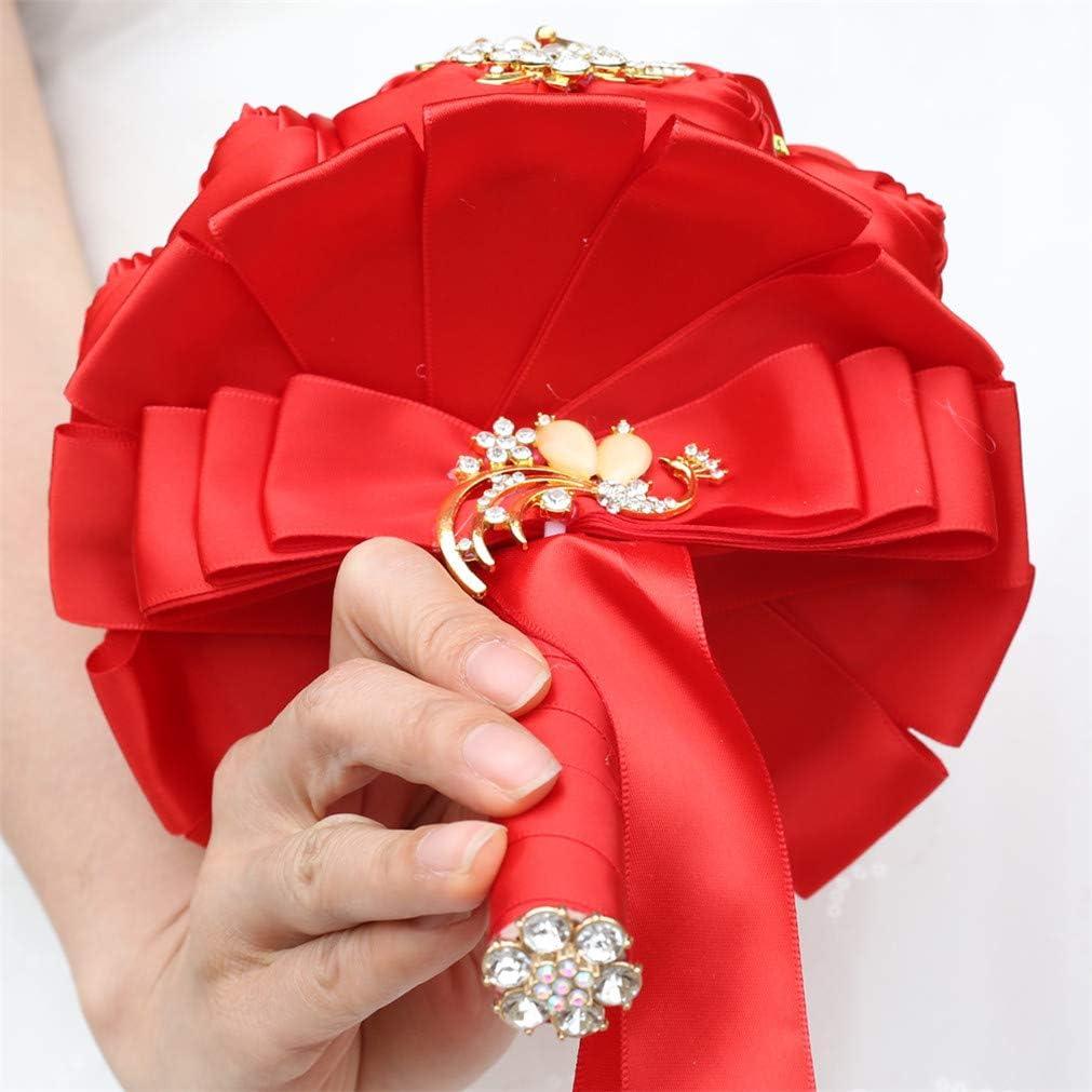 Customization Satin Rose Wedding Bouquet Gold Brooch Crystal Rhinestone Bride Bouquet Wedding Flowers, Burgundy