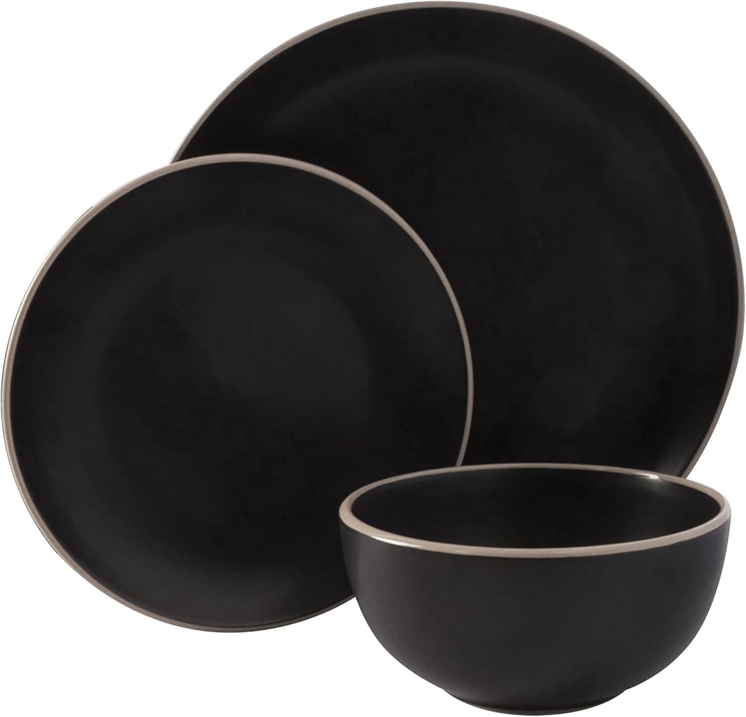 Black Ceramic 12-Piece Dinnerware Set with Glossy Rim