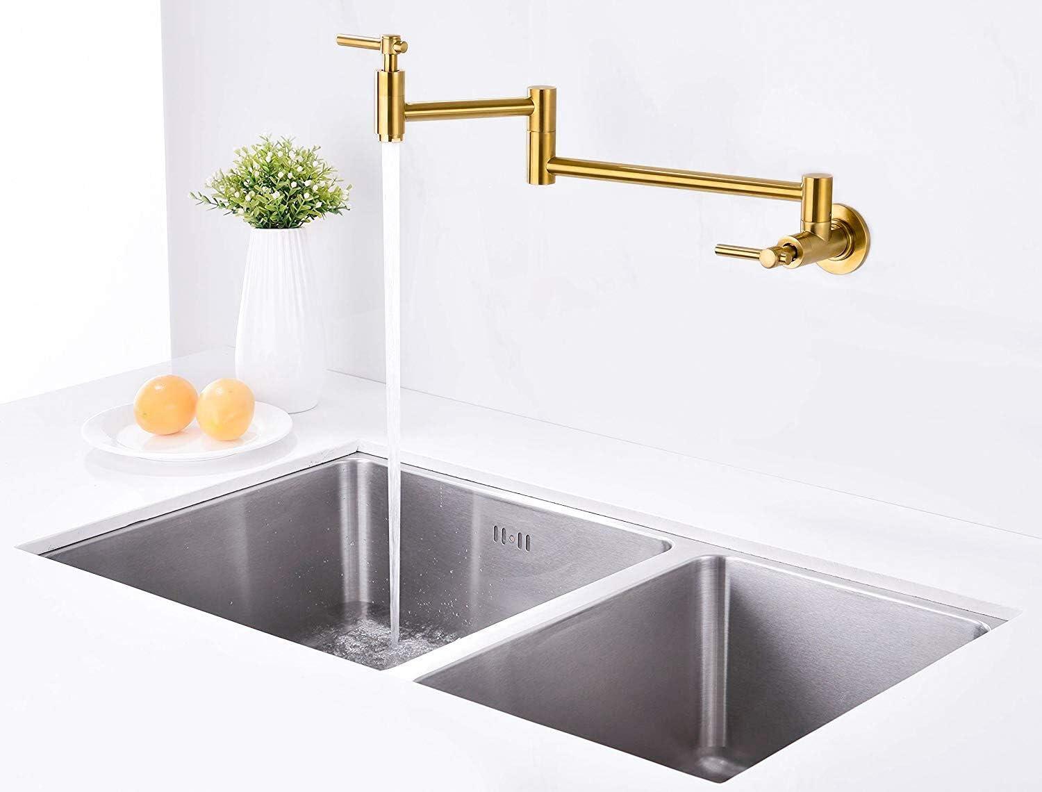 Wall Mount Pot Filler, Gold Brass Pot Filler Faucet with 2 Handles, Single Hole Stretchable Faucet with Double Joint Swing Arm Pot Filler above Stove