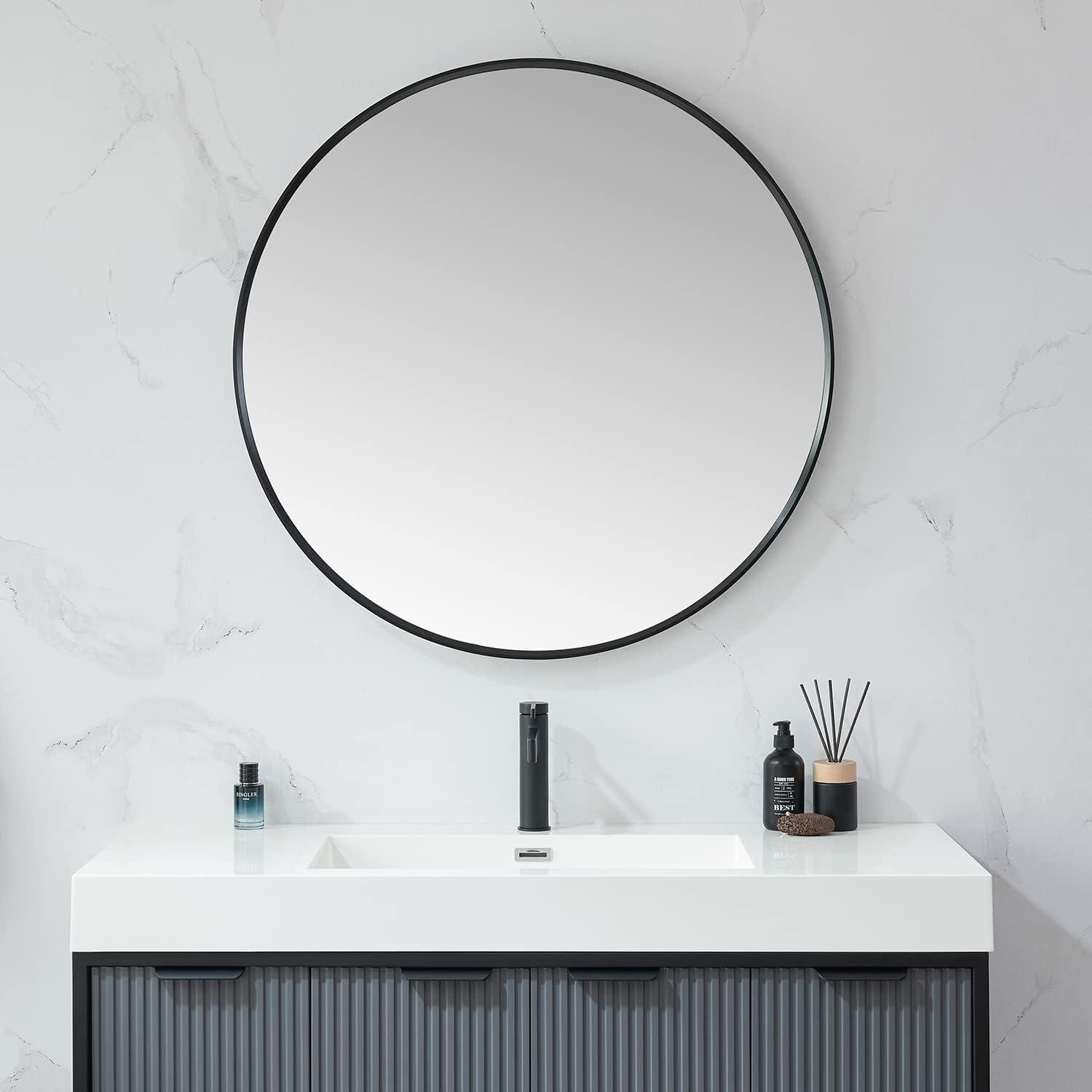 Vinnova Design Cascante 35.4 in. W x 35.4 in. H Round Metal Wall Mirror in Brushed Black