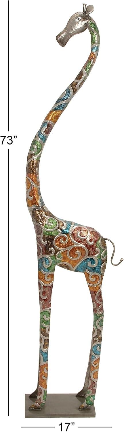 DecMode Extra Large and Colorful Floor Giraffe Sculpture, Molded from Iron with Grey Metal Finish, 17"W x 3"L x 73"H