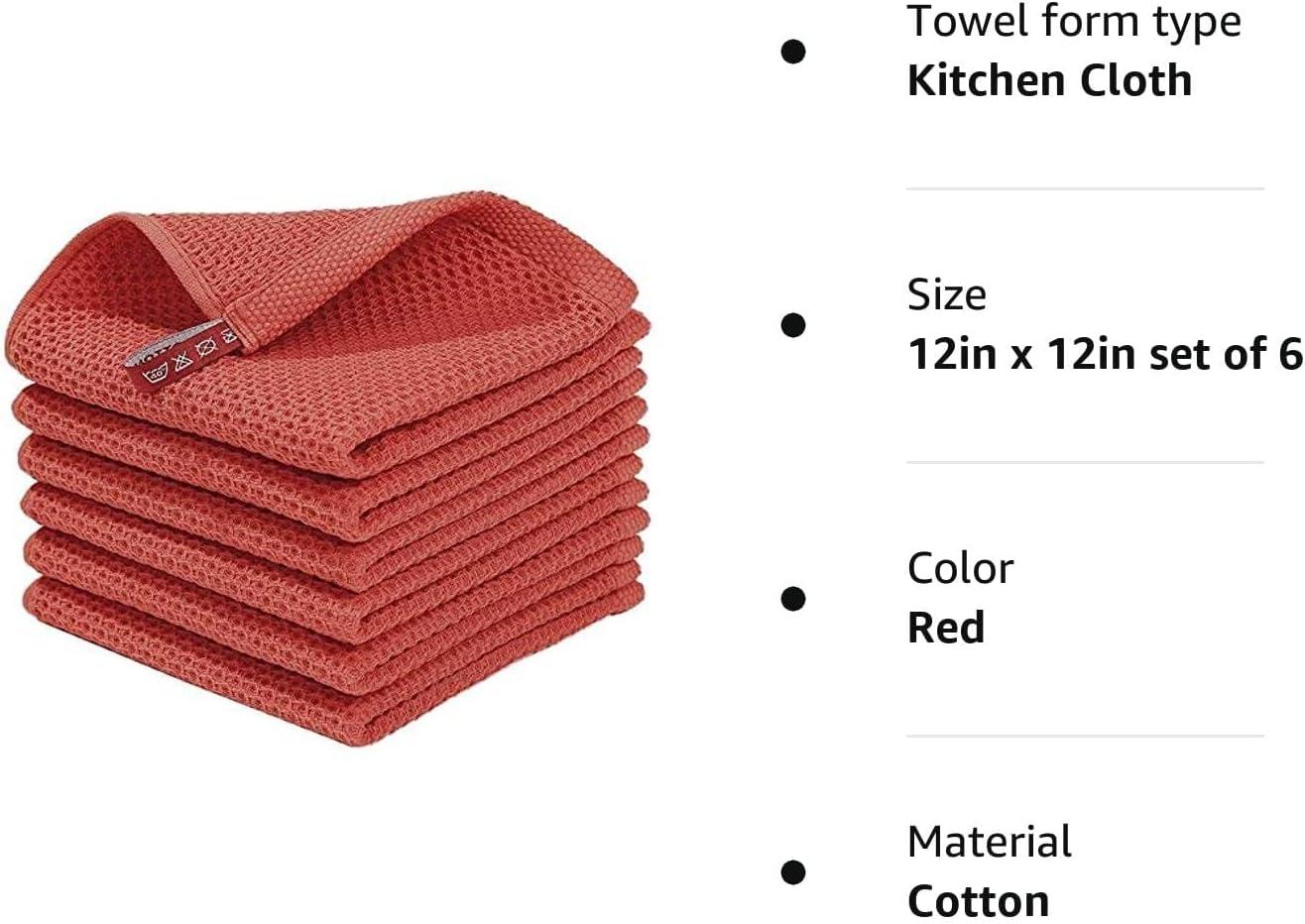 piaybook Super Soft Towels Cotton Weave Kitchen Dish Cloths Ultra Soft Absorbent Quick Drying Dish Towels 12x12 Inches 6 Pack Red for Bathroom and Kitchen,Red