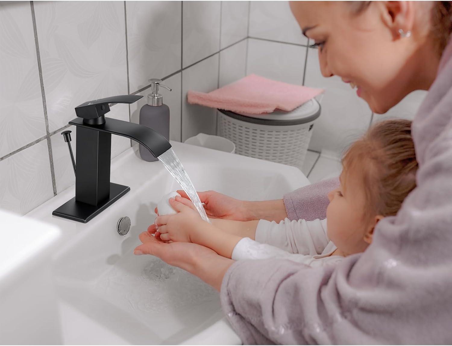 KZH Vessel Sink Faucet, Matte Black Tall Waterfall Spout Bathroom Faucet,Single Handle Bathroom Sink Faucet for 1 Hole Mixer Tap Washbasin Vanity Faucet with Pop-up Drain and Supply Hoses