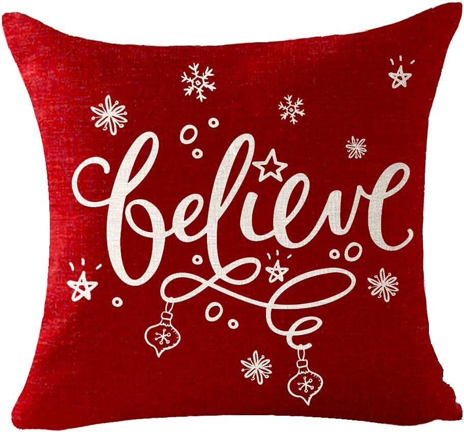 Set of 4 Merry Christmas Believe Reindeer Tree Best Gift Square Pillowcase Decorative Throw Pillow Cover Cushion Case Cotton Linen Material 18" x18'' (Beige&Red)
