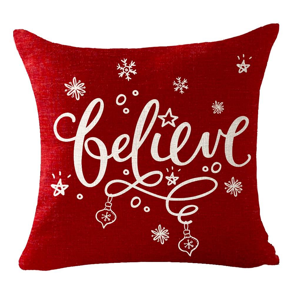 Set of 4 Merry Christmas Believe Reindeer Tree Best Gift Square Pillowcase Decorative Throw Pillow Cover Cushion Case Cotton Linen Material 18" x18'' (Beige&Red)