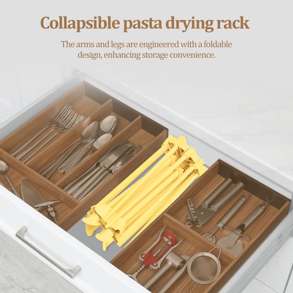 Foldable Pasta Drying Rack, Plastic Collapsible Spaghetti Hanger Noodle Dryer Stand with 10 Bar Handles for Homemade Fresh Pasta, Stable, Easy Storage, Quickly Set Up (Yellow)