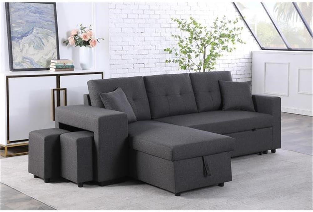 Lilola Home Linen Reversible Sleeper Sectional Sofa with Chaise Stools, Gray