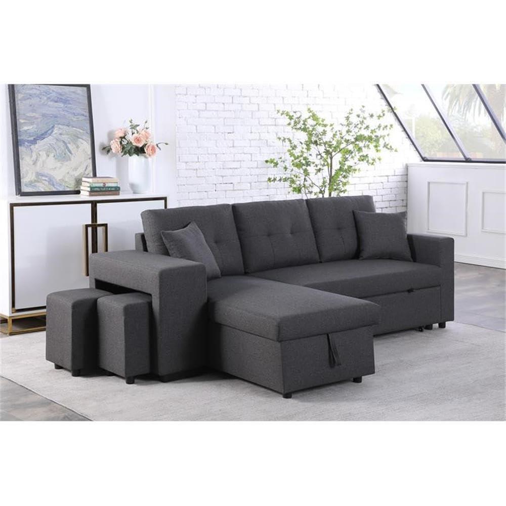 Lilola Home Linen Reversible Sleeper Sectional Sofa with Chaise Stools, Gray