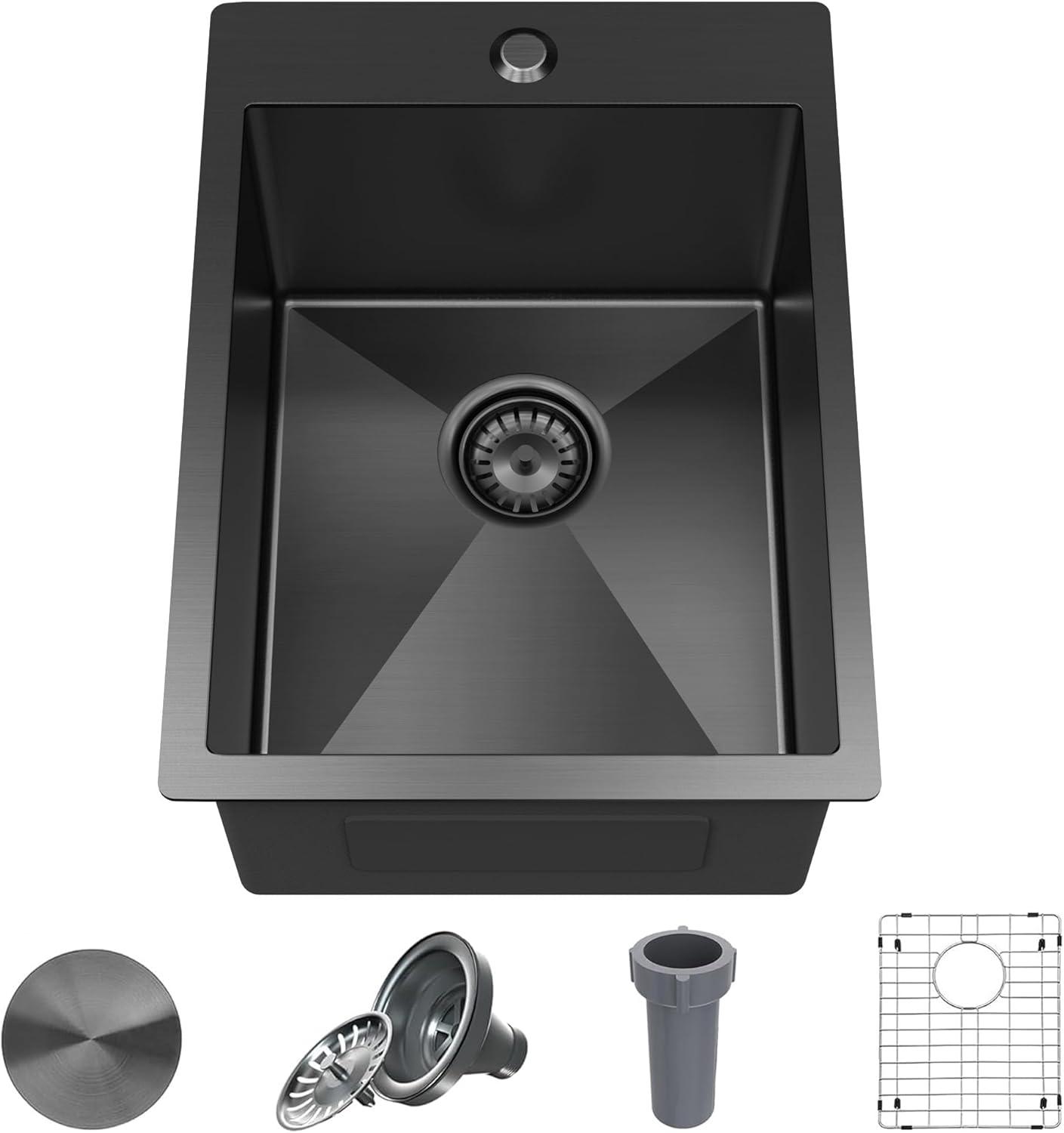 15x20 Inch Drop In Bar Sink Black, 15 Inch Gunmetal Black Small Kitchen Sink 18 Gauge Single Bowl Topmount Stainless Steel Wet Bar Sink with Basket Strainer Drain & Bottom Grid