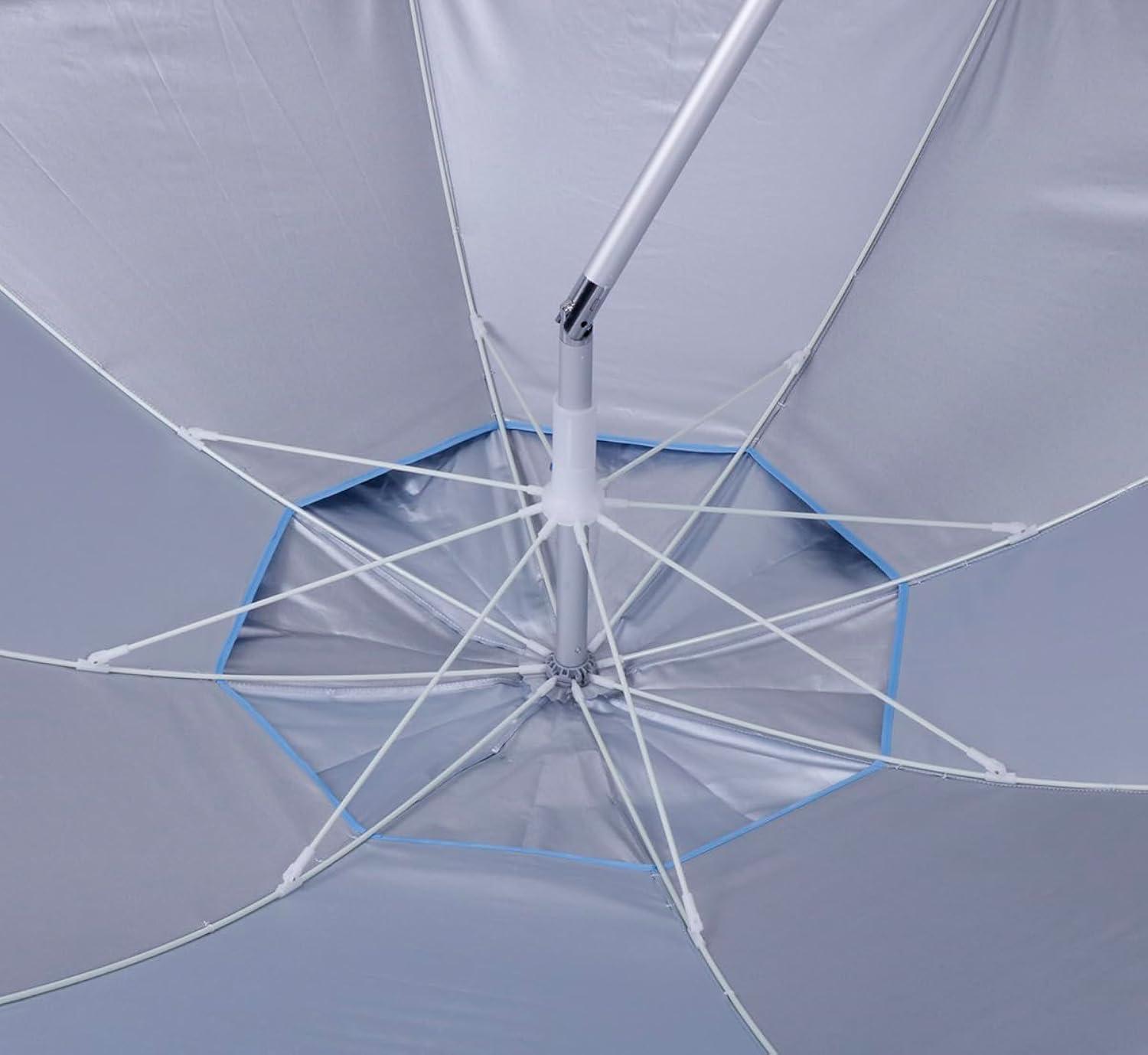 7 ft Fiberglass Tommy Bahama Beach Umbrella for Sand with Folding Anchor Base, Integrated Table, Telescopic Aluminum Pole, UPF 50+, Tilt