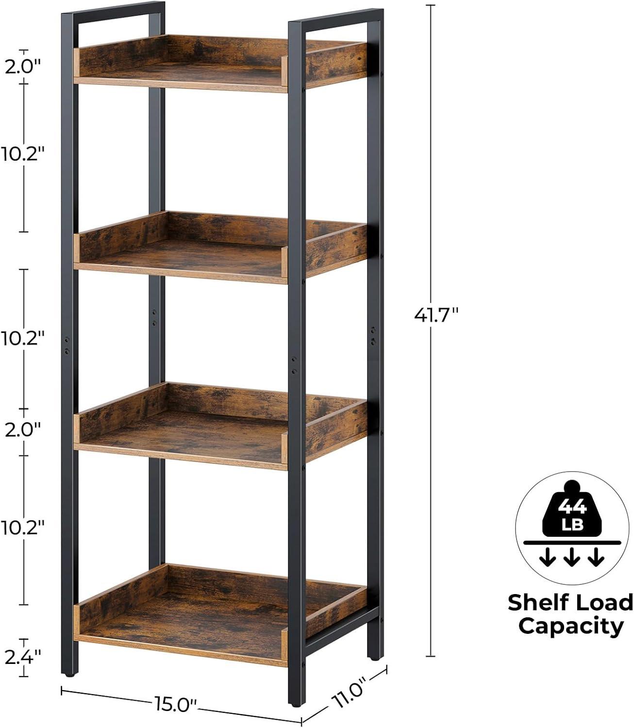 Rolanstar Bookshelf, 4-Tier Storage Rack, Narrow Corner Bookshelf, Display Wooden Shelves for Living Room, Bathroom, Balcony, Kitchen,Rustic Brown
