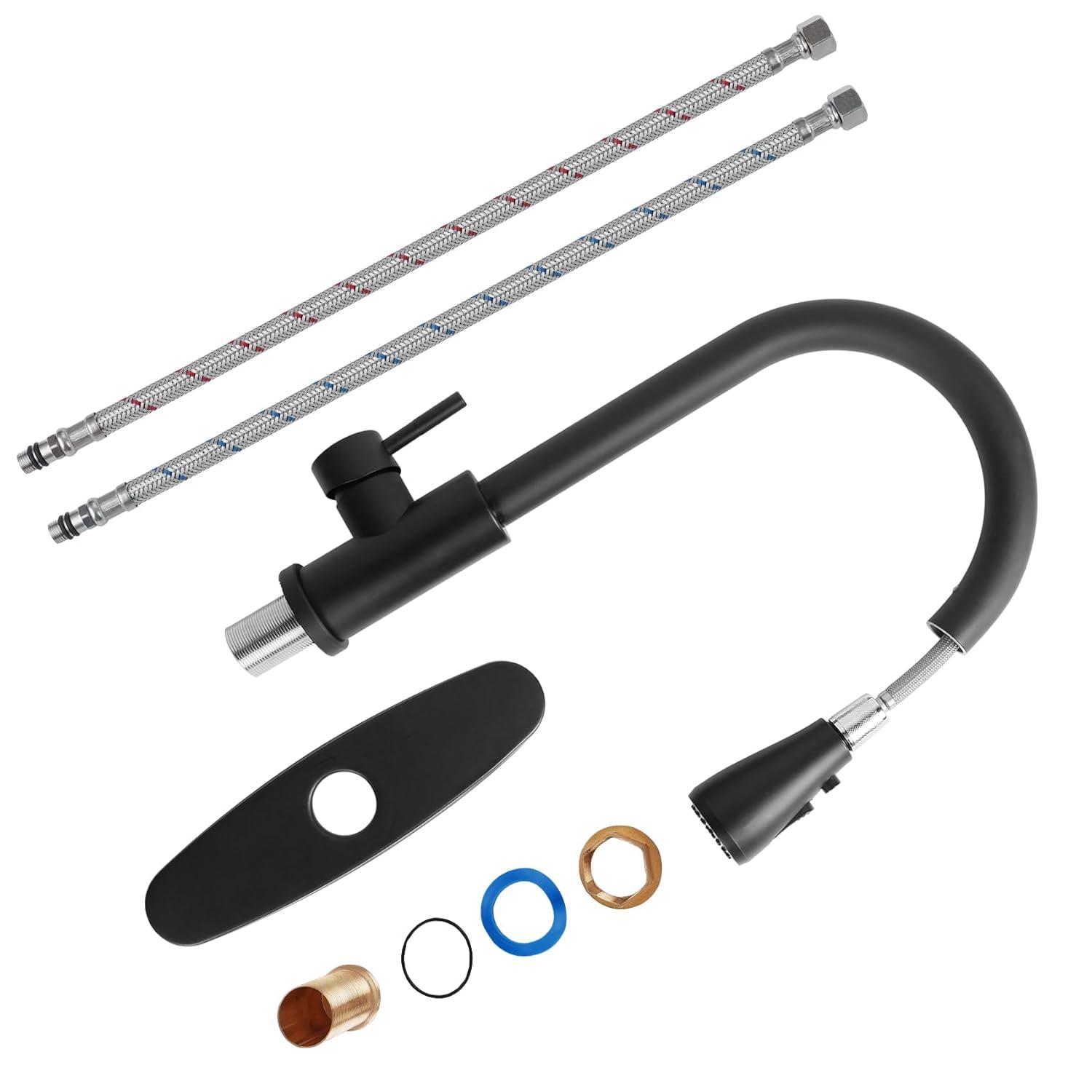 Black Kitchen Sink Faucet, Kitchen Faucet with Pull Down Sprayer, Stainless Steel Single Handle Faucet for Kitchen Sink with Deck Plate, Fitted for RV, Bar, Laundry, Apartments, Farmhouse