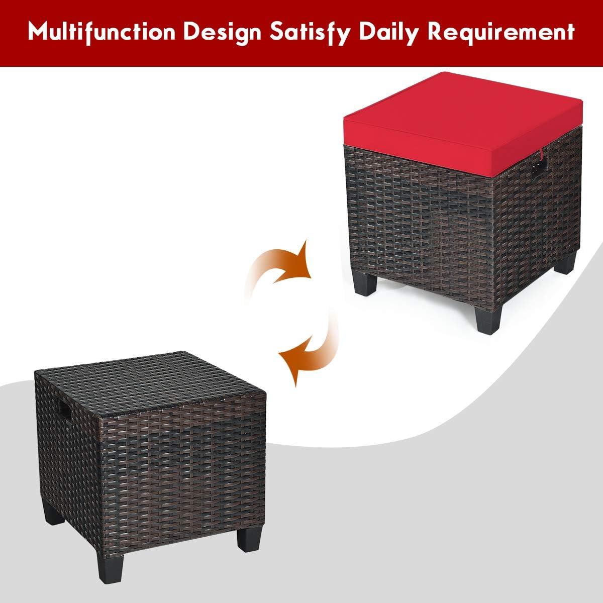 Outdoor Brown Wicker Ottoman with Red Cushions, Set of 2