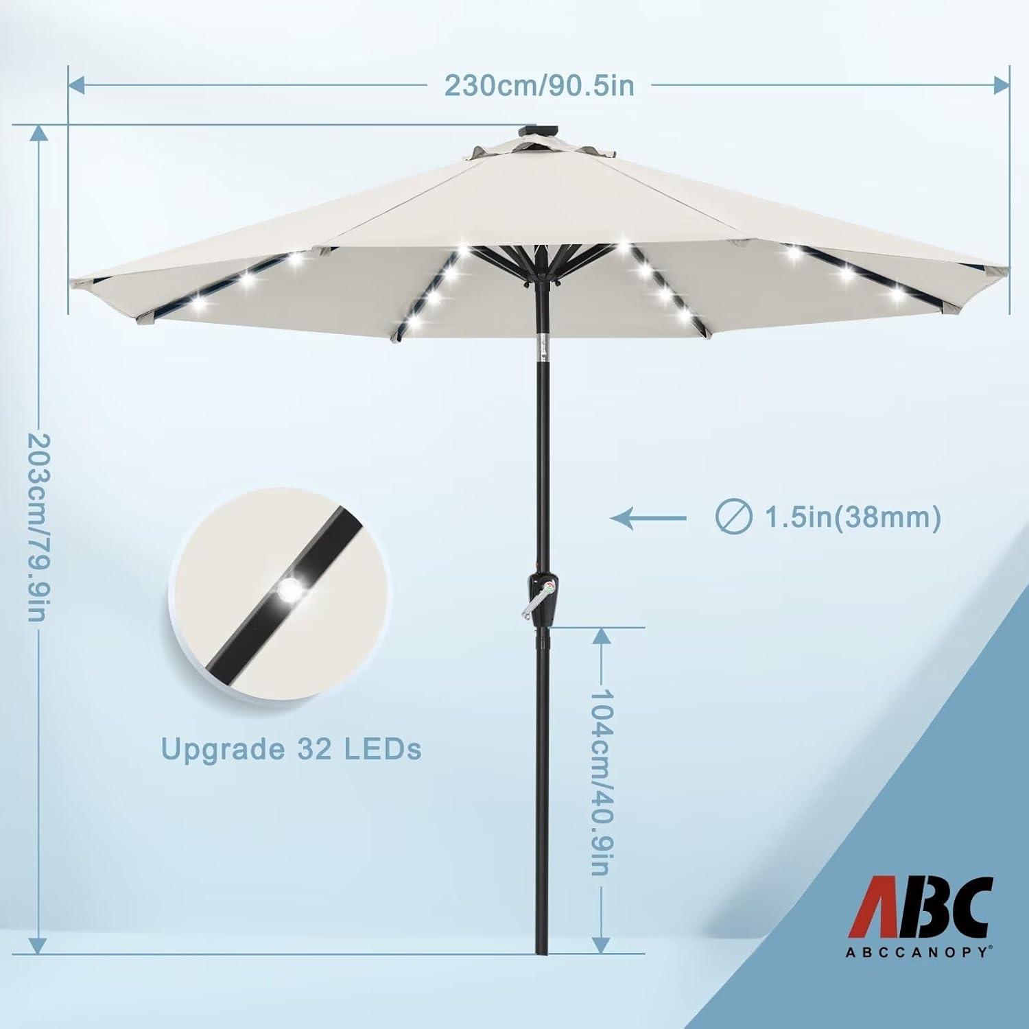 7.5FT Light Beige Solar LED Patio Umbrella with Aluminum Frame