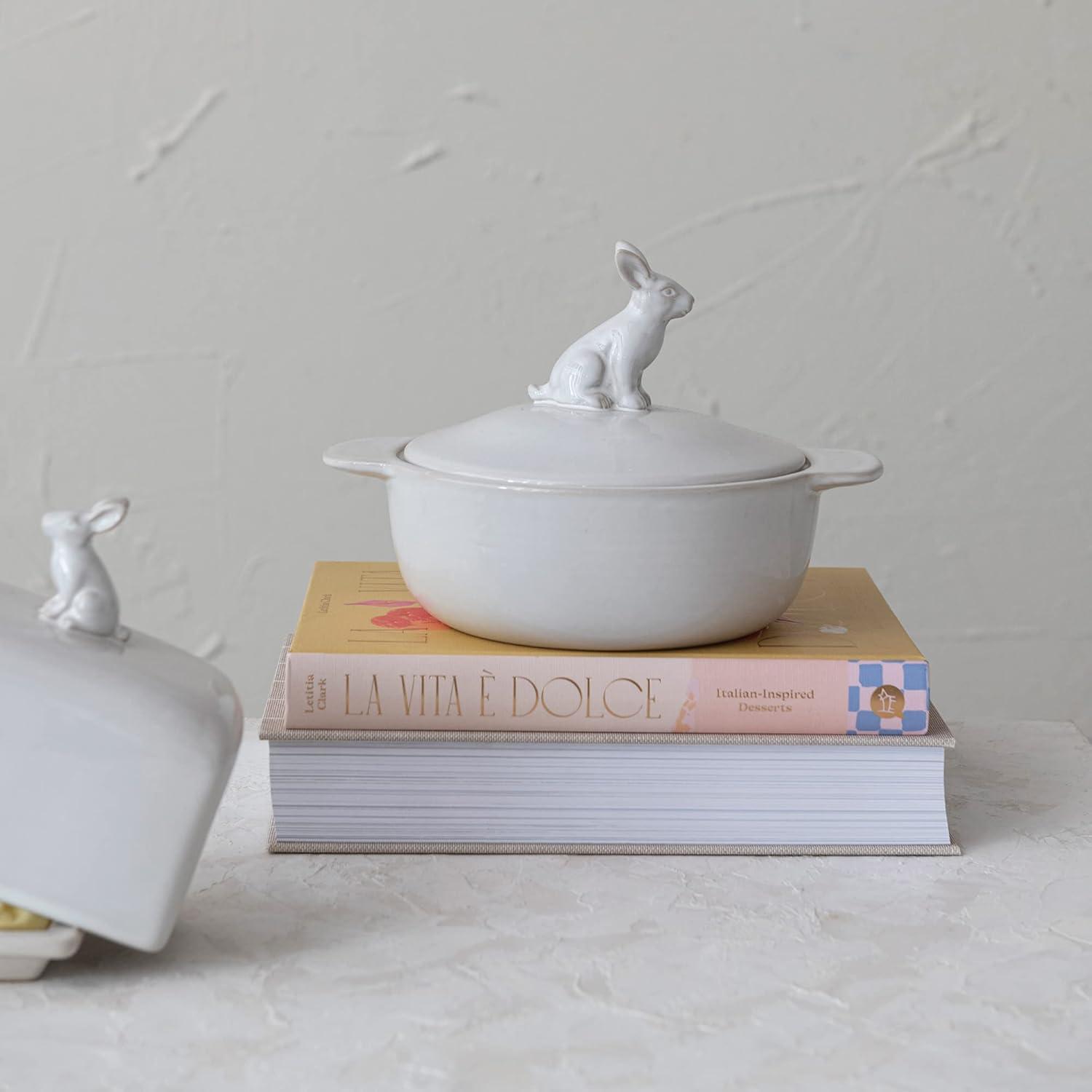 White Stoneware Bake Pan with Rabbit Lid