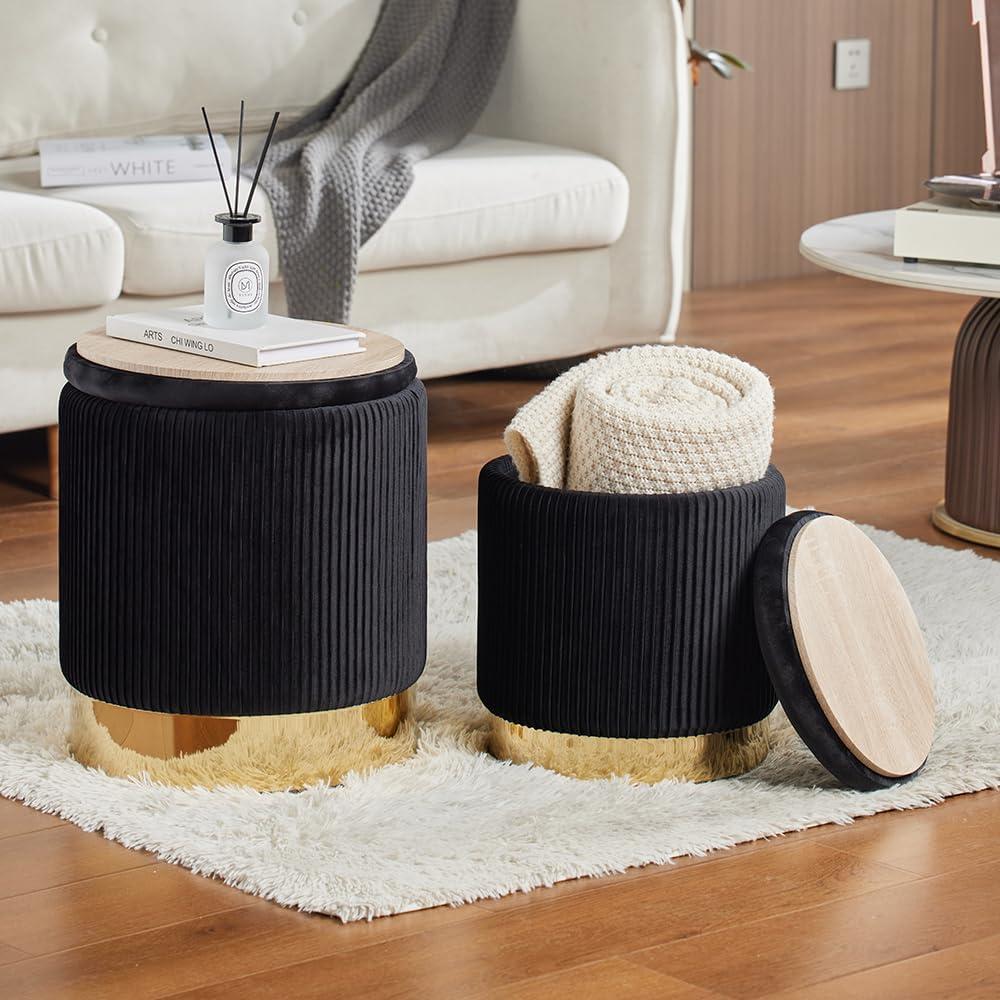 Black Velvet Round Storage Ottoman with Gold Base, Set of 2