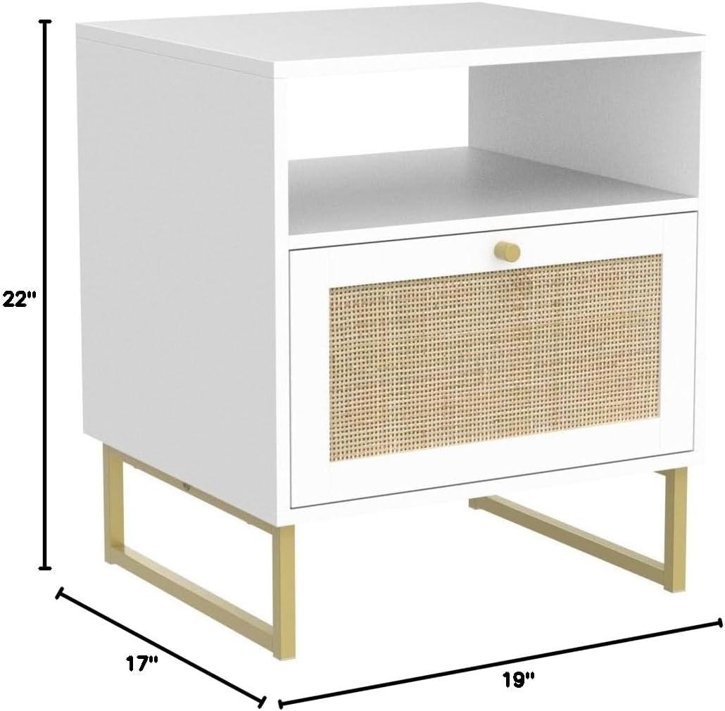 Mina White and Gold Rattan Wood End Table with Boho Storage