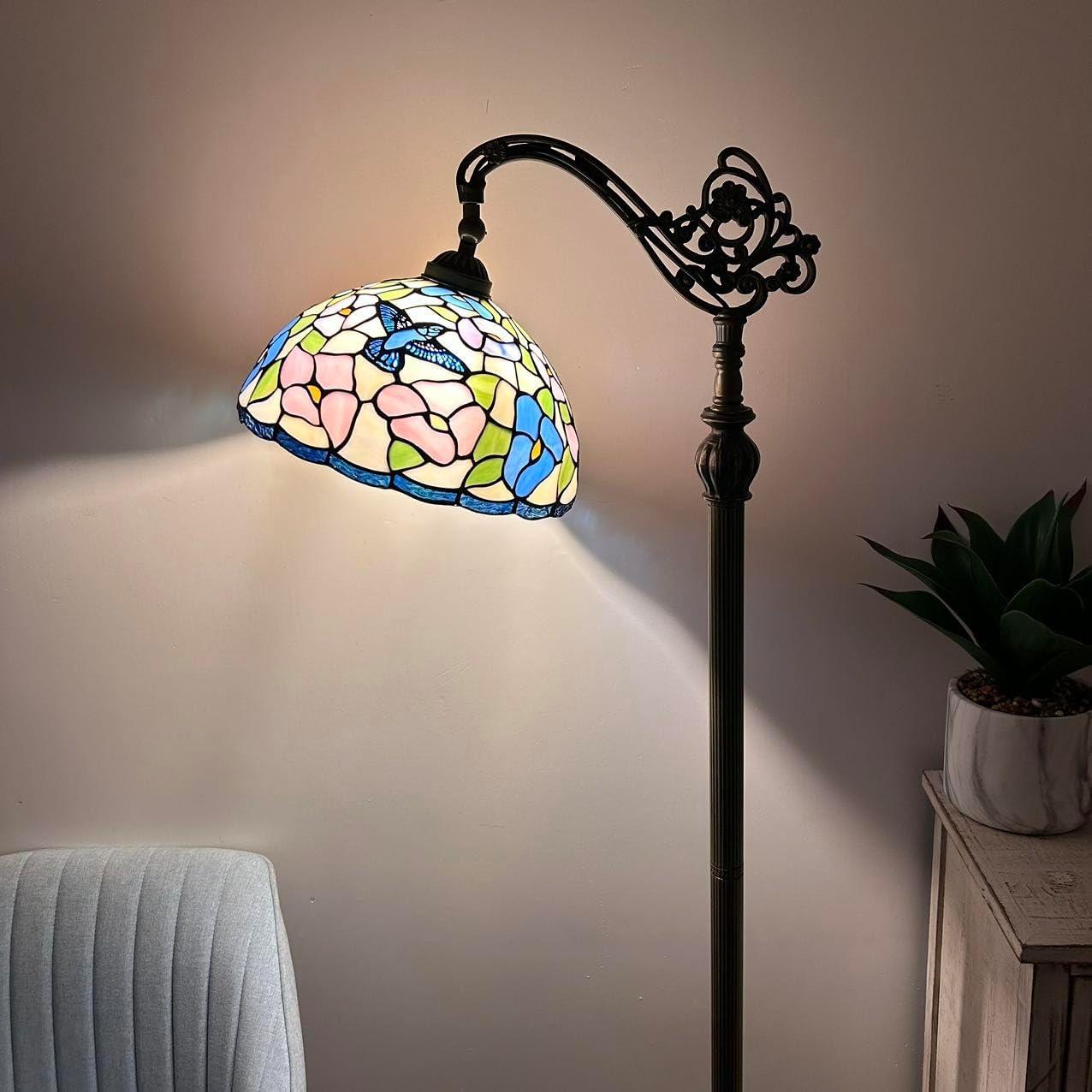 Tiffany Floor lamps Pink blue stained glass Hummingbird Flowers LED Bulb Included Gooseneck Adjustable Corner Standing Reading Light for Living Room Bedroom 20"W*12"D*63"H