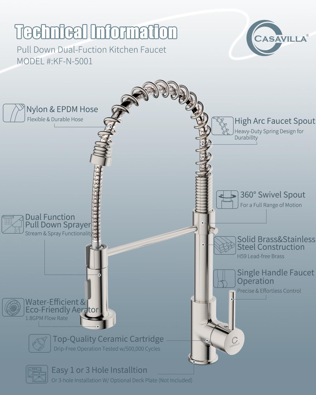 Brushed Nickel Kitchen Faucet With Pull Down Sprayer, Stainless Steel Kitchen Sink Faucets