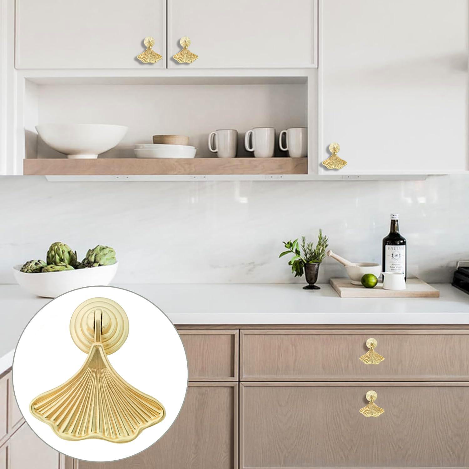 4 Pcs Decorative Golden Leaf Shape Knob Door Handle Cabinet Drawer Cupboard Pull Dresser Single Hole Knobs Handles for Kitchen Furniture Cabinet Wardrobe Cupboard