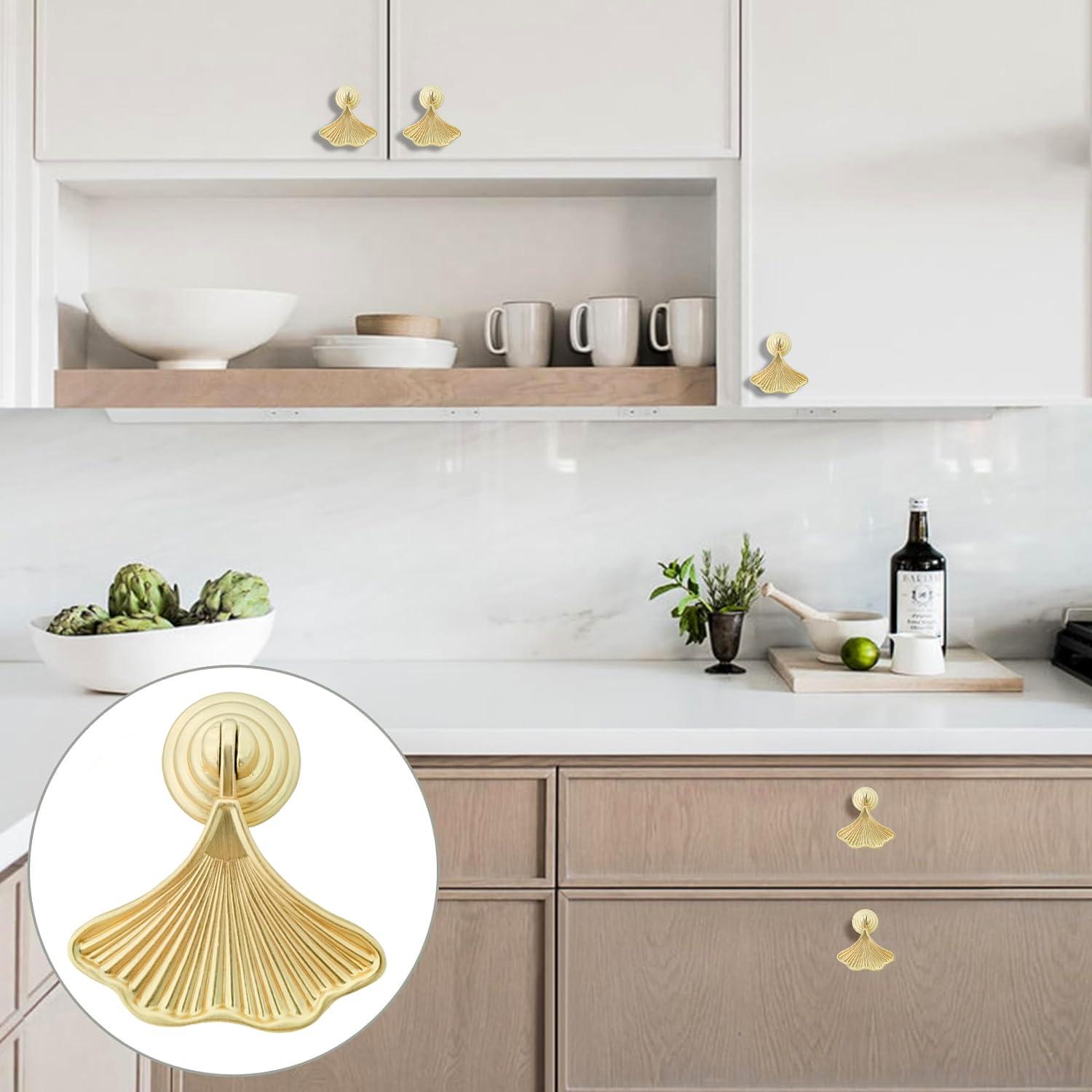 4 Pcs Decorative Golden Leaf Shape Knob Door Handle Cabinet Drawer Cupboard Pull Dresser Single Hole Knobs Handles for Kitchen Furniture Cabinet Wardrobe Cupboard